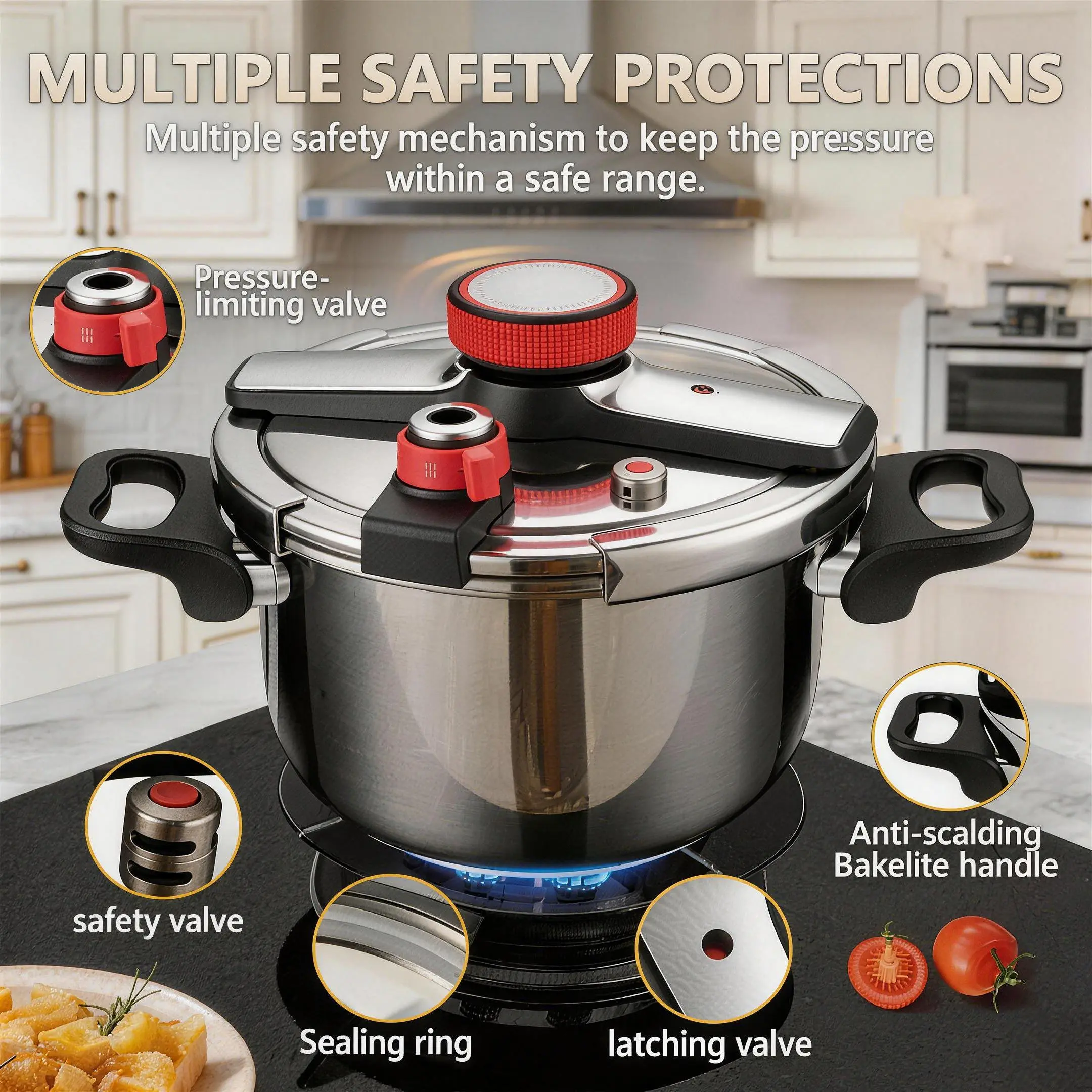 8QT Food-Grade Non-Toxic Rust-Resistant Stainless Steel Pressure Cooker, 1-Hand Lockable Lid, Locks in Food’s Natural Flavor, Rapid Cooking, Induction Cooktop Compatible