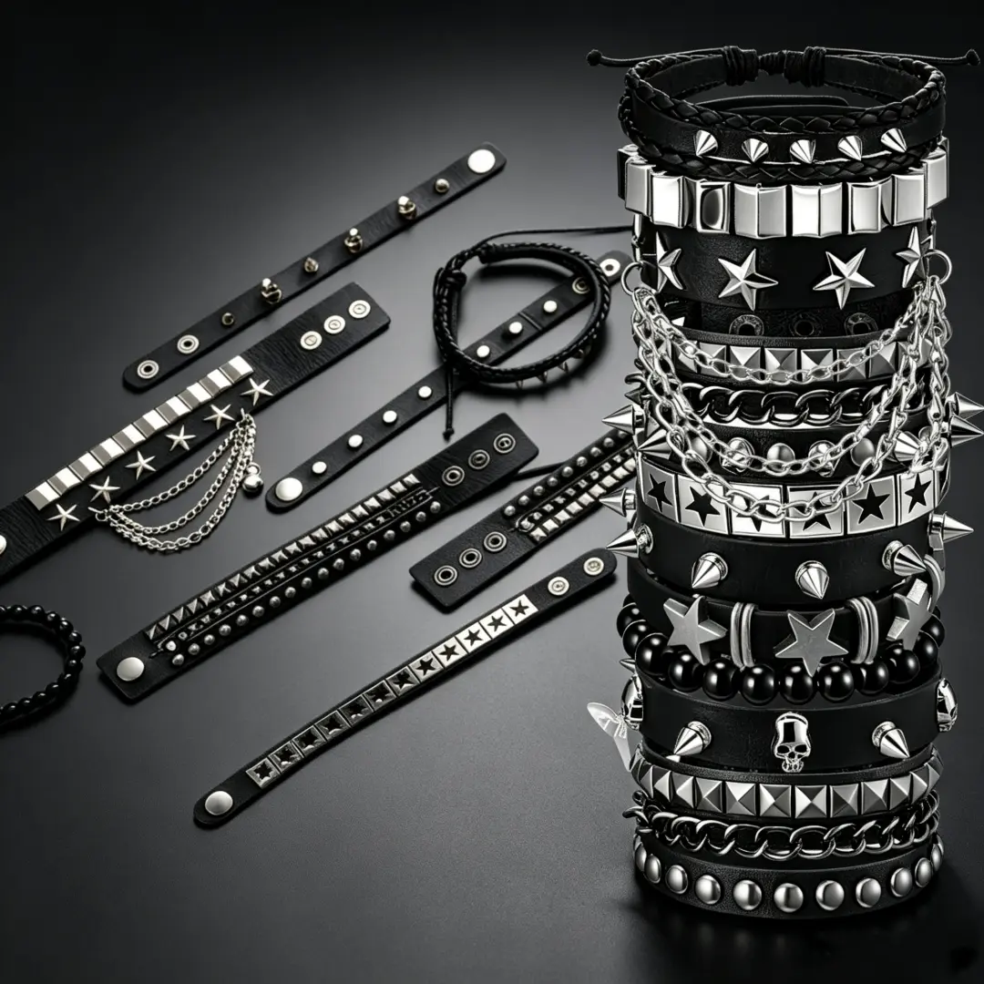 9pcs Pack Punk Spiked Gothic Bracelets Suitable for Men & Women - Multi-Style Spiked Stud Wrist Cuffs, Layered Wristbands for Concerts, Halloween Parties, Clubbing - Artificial Leather/Resin Rock Gift Set