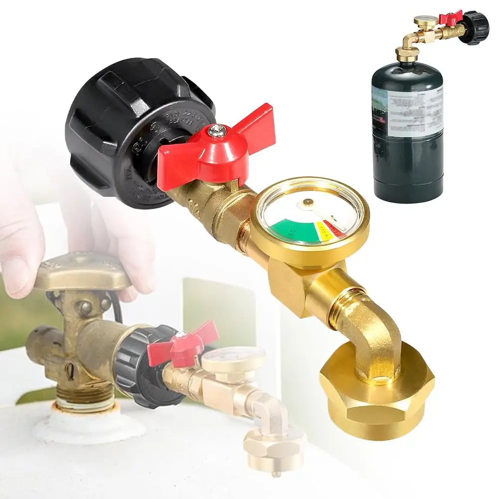 Propane Refill Adapter with Valve & Gauge - Gas Cylinder Accessories - Gas Cylinder Filling Connector with Glow in The Dark Meter - Valve Gas Tank Connector