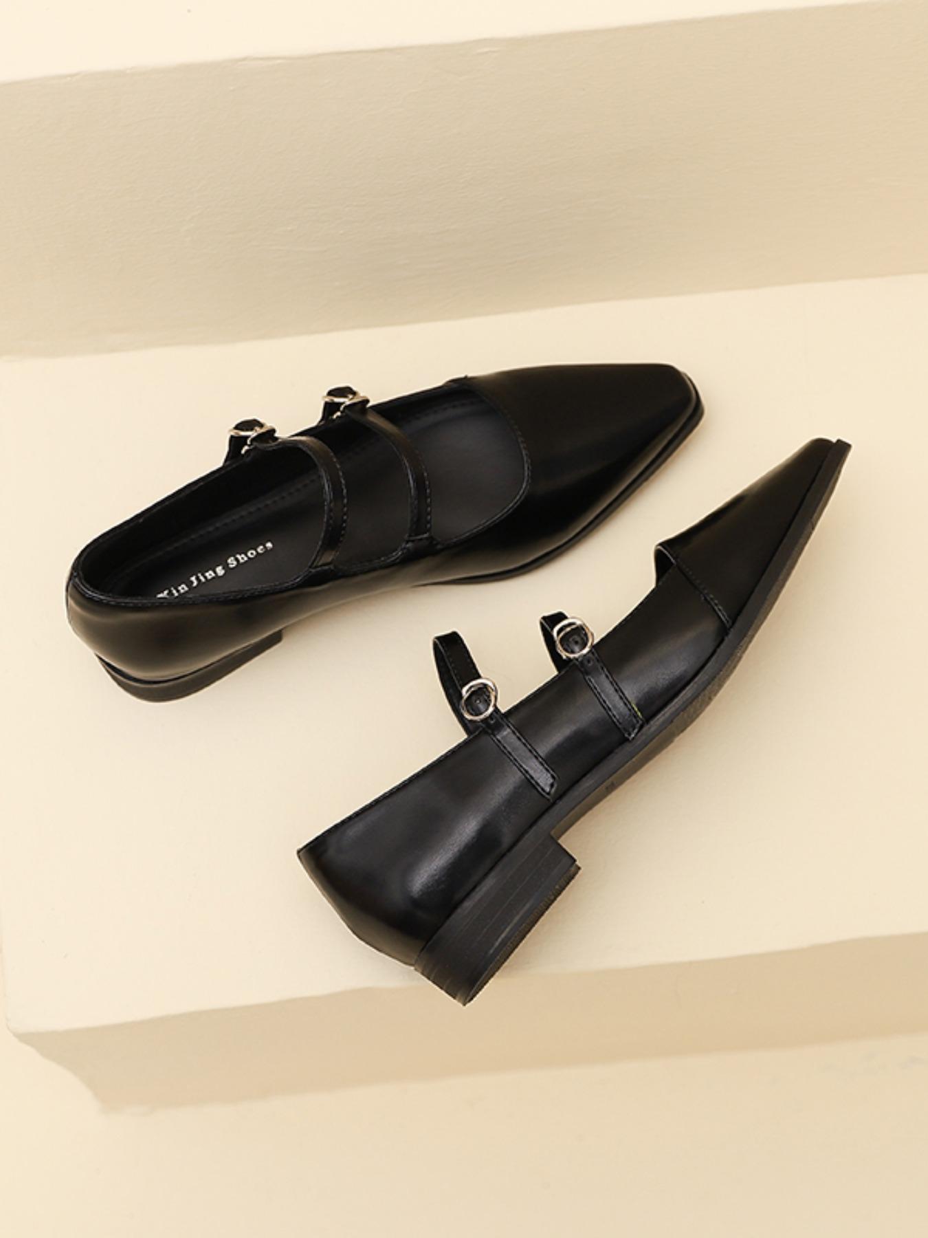 Retro English Style Mary Jane Shoes for Women, Square Toe Casual Buckle Flat Shoes for Commuting, PU Leather Trendy Footwear, Daily Wear Shoes