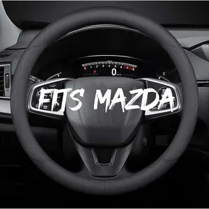 Leather Car Steering Wheel Cover, Breathable Laser-Perforated, Pure Black Double Lines, Rich Texture, 14.5-15 Inch for Mazda