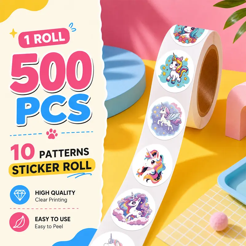 500PCS/Roll Unicorn Sticker Roll, 10 Designs Aesthetic Decorative Sticker Tape, Self Adhesive Journaling Stickers for Notebook, Laptop, Phone Case and Daily Decoration