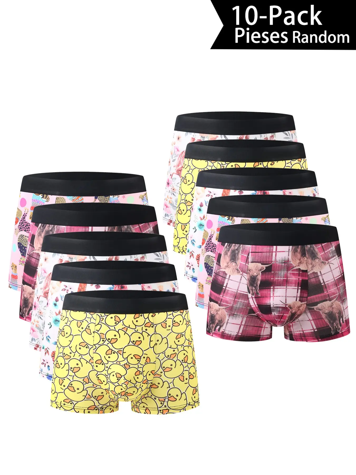 10 Pcs Cute Cow Duck Floral Men's Boxer Briefs, Cartoon Fun Print, High Elastic Stretch Soft Skin Friendly, Youth Four-Way Short Pants