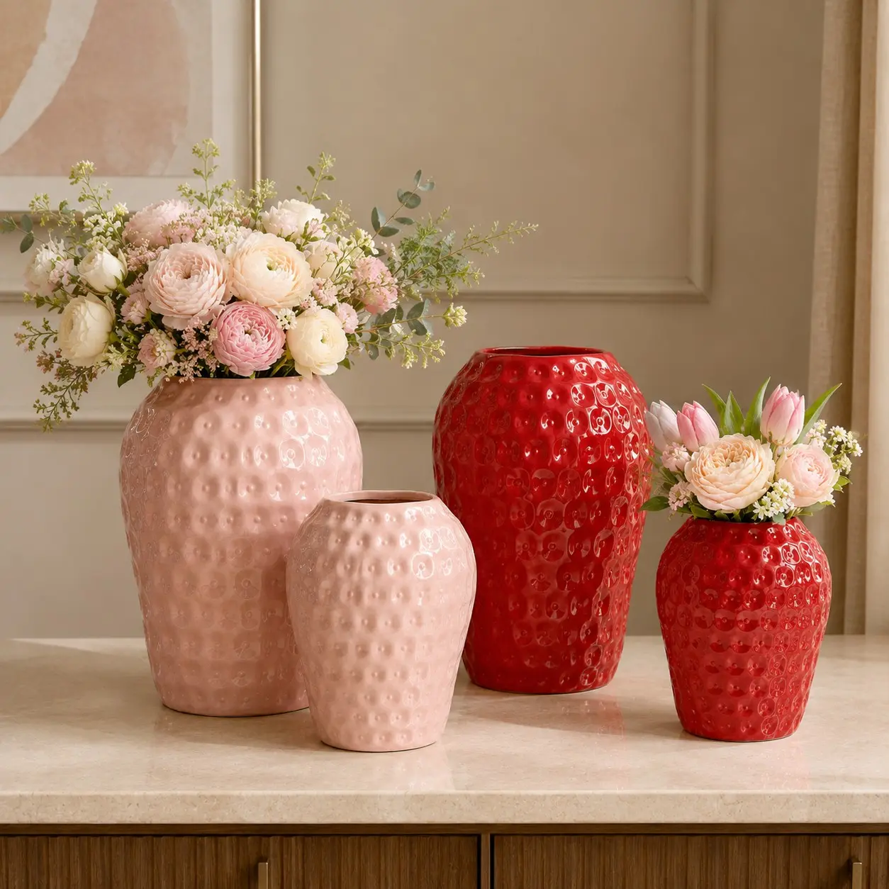 Glossy Ceramic Vase with Hobnail Texture, Waterproof No-Hole Strawberry Bump Pot, Blush Pink & Red Decorative Urn, Elegant Floral Centerpiece for Living Room, Valentine's Day, Wedding Table Decor