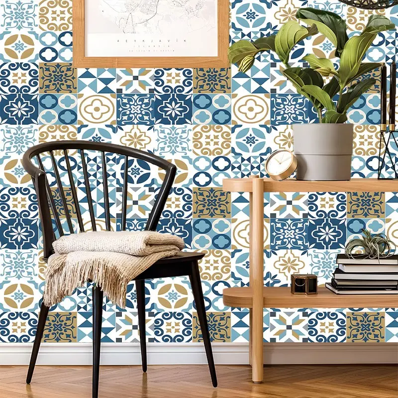 Blue Gold Moroccan Tile Peel And Stick Wallpaper Vintage Mediterranean Stain Resistant Easy To Clean Self Adhesive Removable No Residue Reusable Durable Home Decoration Suitable For Bedroom Living Room Cabinet Kitchen Bathroom All Indoor Decor Surfaces