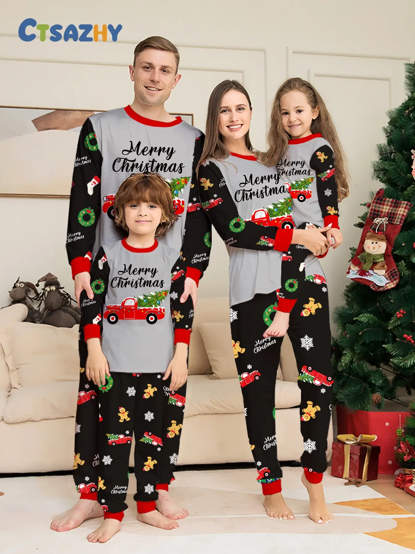 Family Christmas Pajama Set, Truck Gingerbread Man Print, Soft Breathable Fabric, Loose Fit, Ideal for Home & Holiday Parties