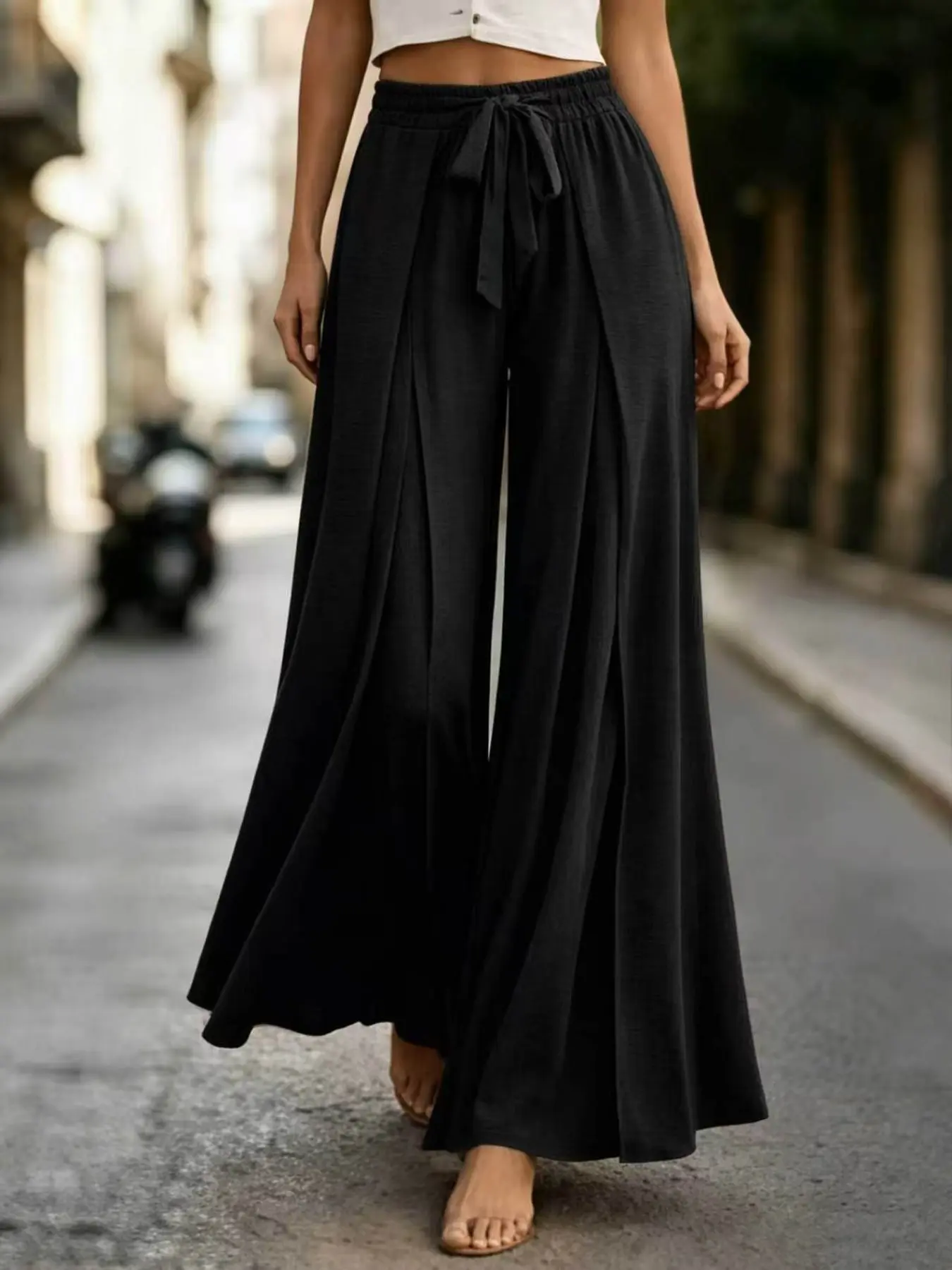 Women's Solid Color Wide Leg Elegant Casual Pants, Comfortable Fabric, Flowy Design, Belted Waist, Fashionable for Daily Wear, All Seasons
