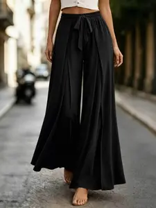 Women's Solid Color Wide Leg Elegant Casual Pants, Comfortable Fabric, Flowy Design, Belted Waist, Fashionable for Daily Wear, All Seasons