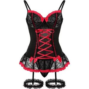 Goddess SelectionSexy Mesh Corset Ruffle Lace Up Underwire Sheer Garter Belt Babydoll Lingerie Set With Thong 3 Piece Women