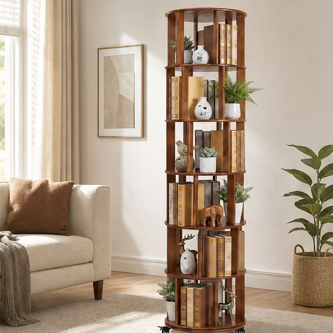 ARCH 6-Tier 360° Rotating Solid Wood Round Bookshelf with Wheels - 17.30in W x 17.30in D x 77.95in H, 44lb, Adjustable Modular Casual Style, Easy Access Wood Book Nook, Display Cabinet Living Room Furniture for Small Spaces, Assembly Required, Rotates 360