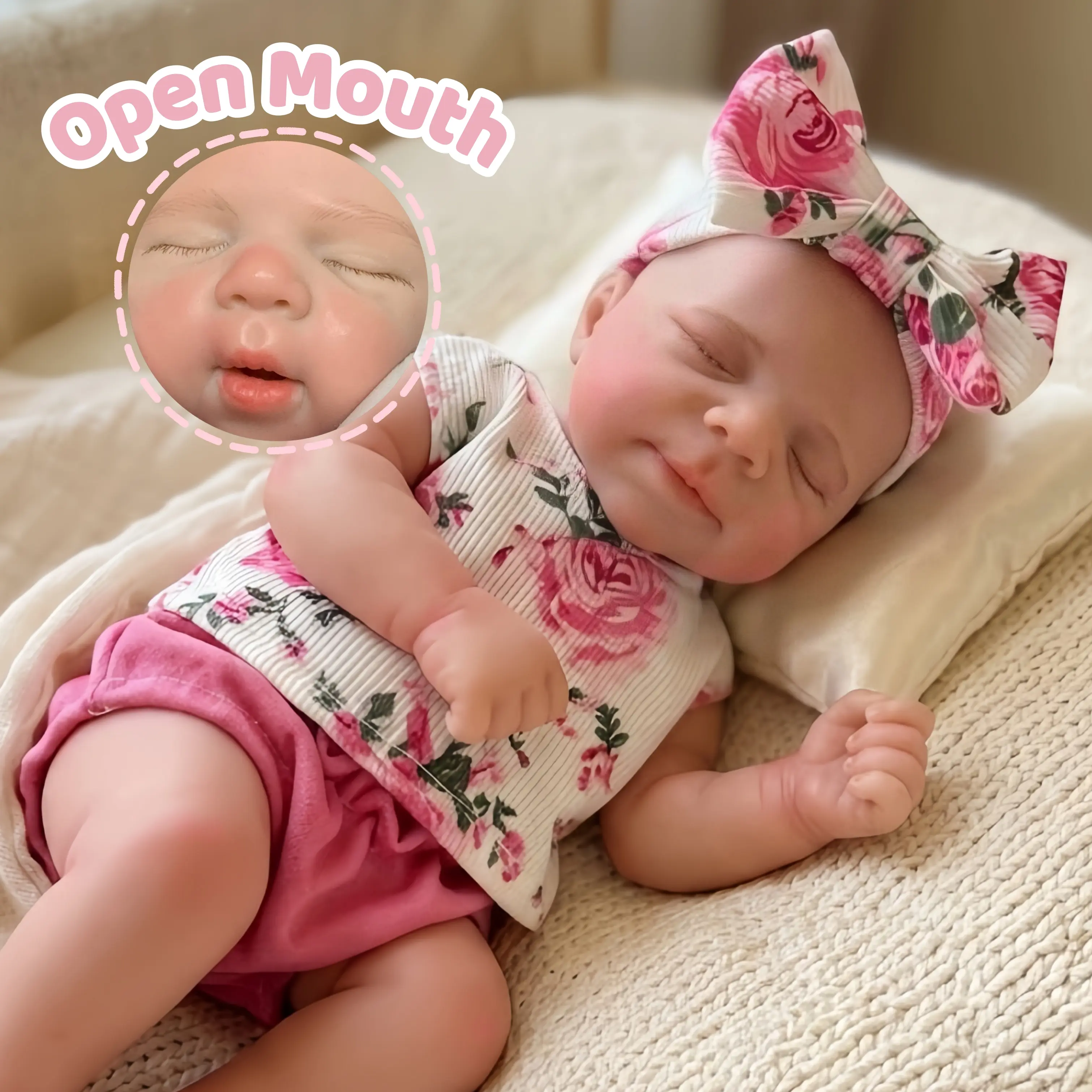 Otarddolls Pascale 13in Whole Silicone Reborn Doll, Gorgeous Soft Handmade Soft Doll, Lifelike Realistic Newborn Girl, Washable Open Mouth, Skin-Friendly, Rose Outfit, Collectible, Ideal Birthday Gift