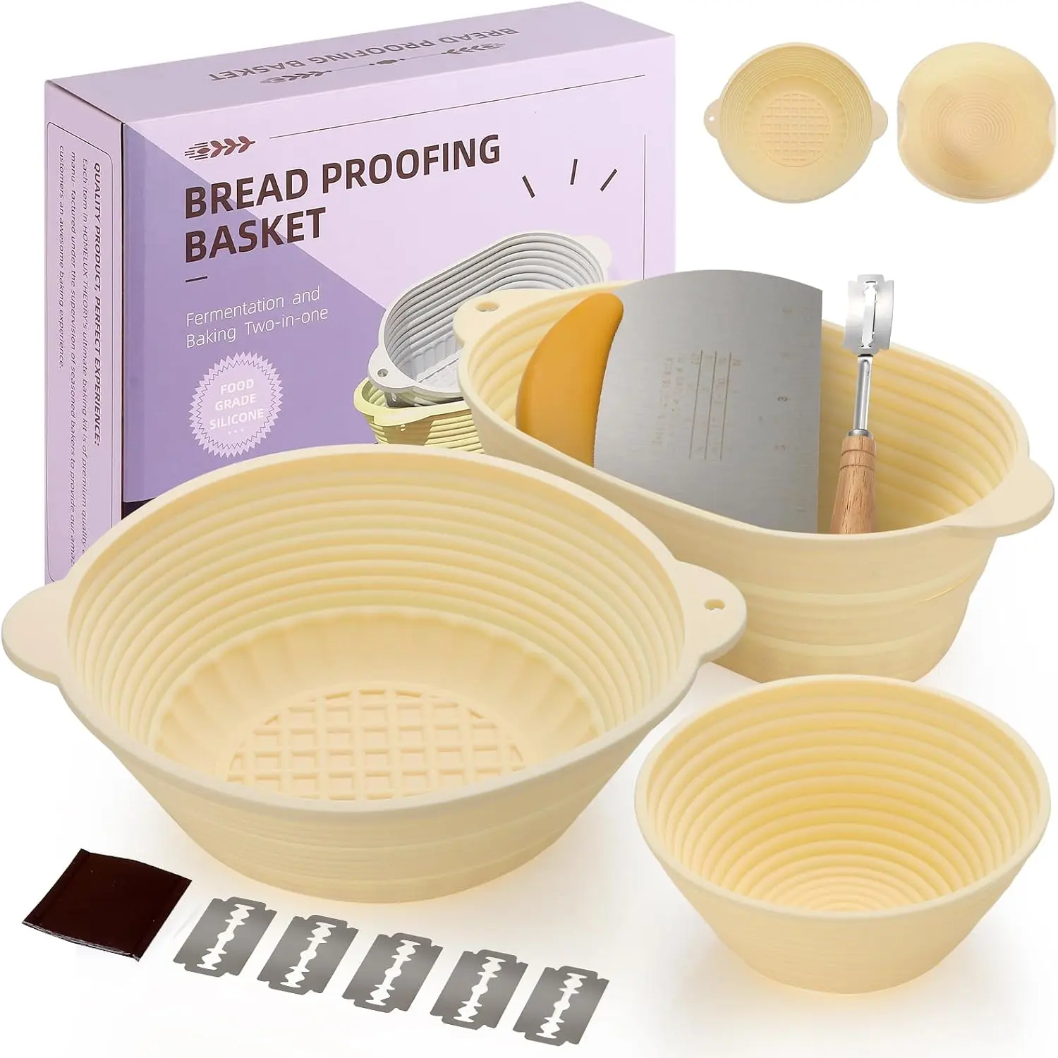 Banneton Proofing Basket Set of 3 - Dishwasher Safe Sourdough Kit, 10 inch Round & Oval & 5 inch Round Yellow,  Bread Baking gifts for mom