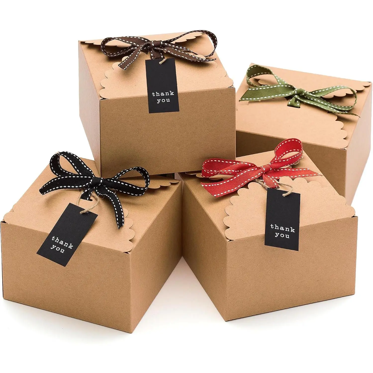 Rustic Brown Cardboard Cookie Boxes with Grosgrain Ribbons & Tags (20 Bulk Empty Square Pack, 5.8in x 3.7in Large Size) - Small Craft Boxes for Baked Goods, Candy, Fudge, Holiday Gifts, Decorative Packaging, Plenty Space