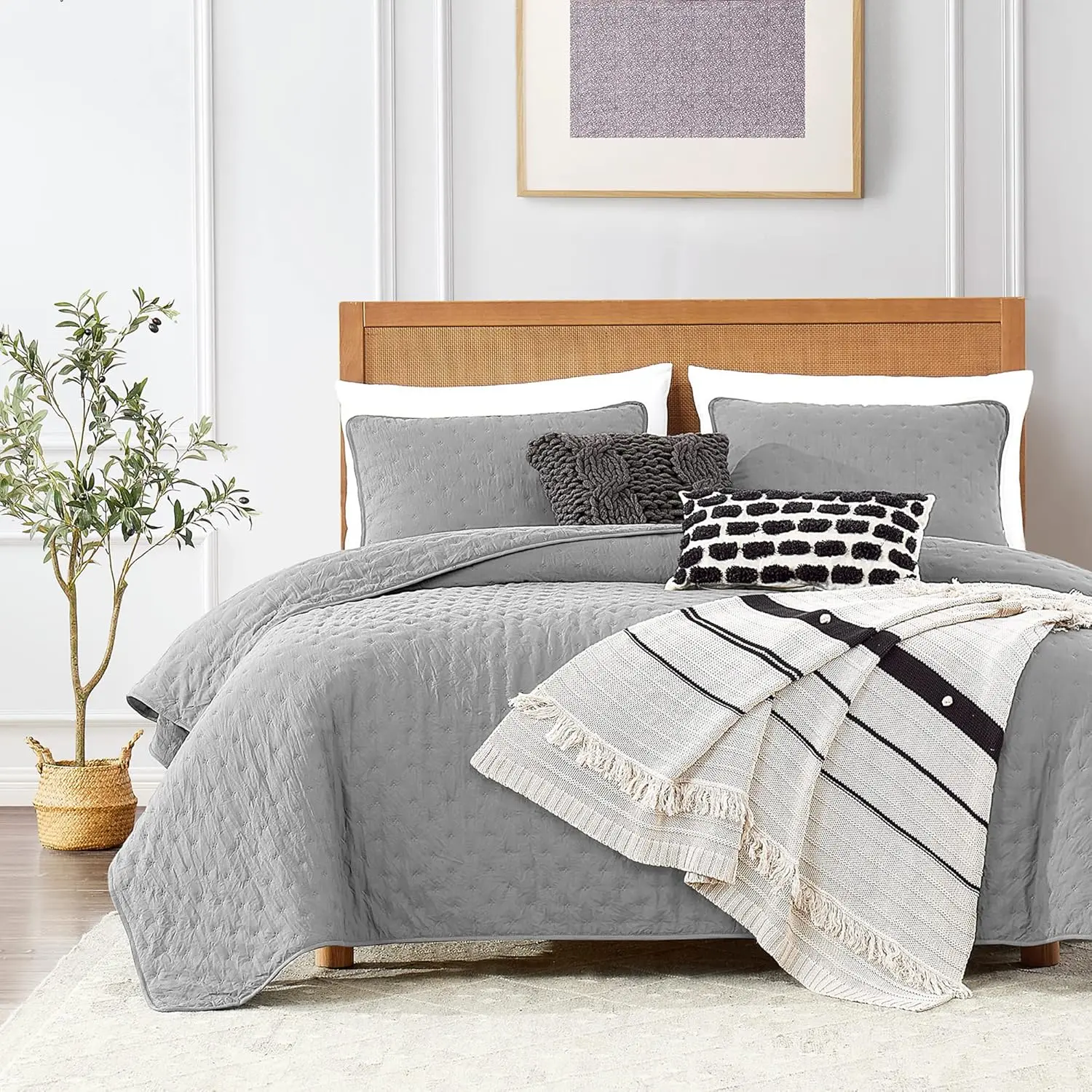 Light Grey Queen Size Bedding Sets with Pillow Shams, Lightweight Bedspread Coverlet, Quilted Blanket Thin Comforter Bed Cover, All Season Summer, 3 Pieces, 90x90 inches