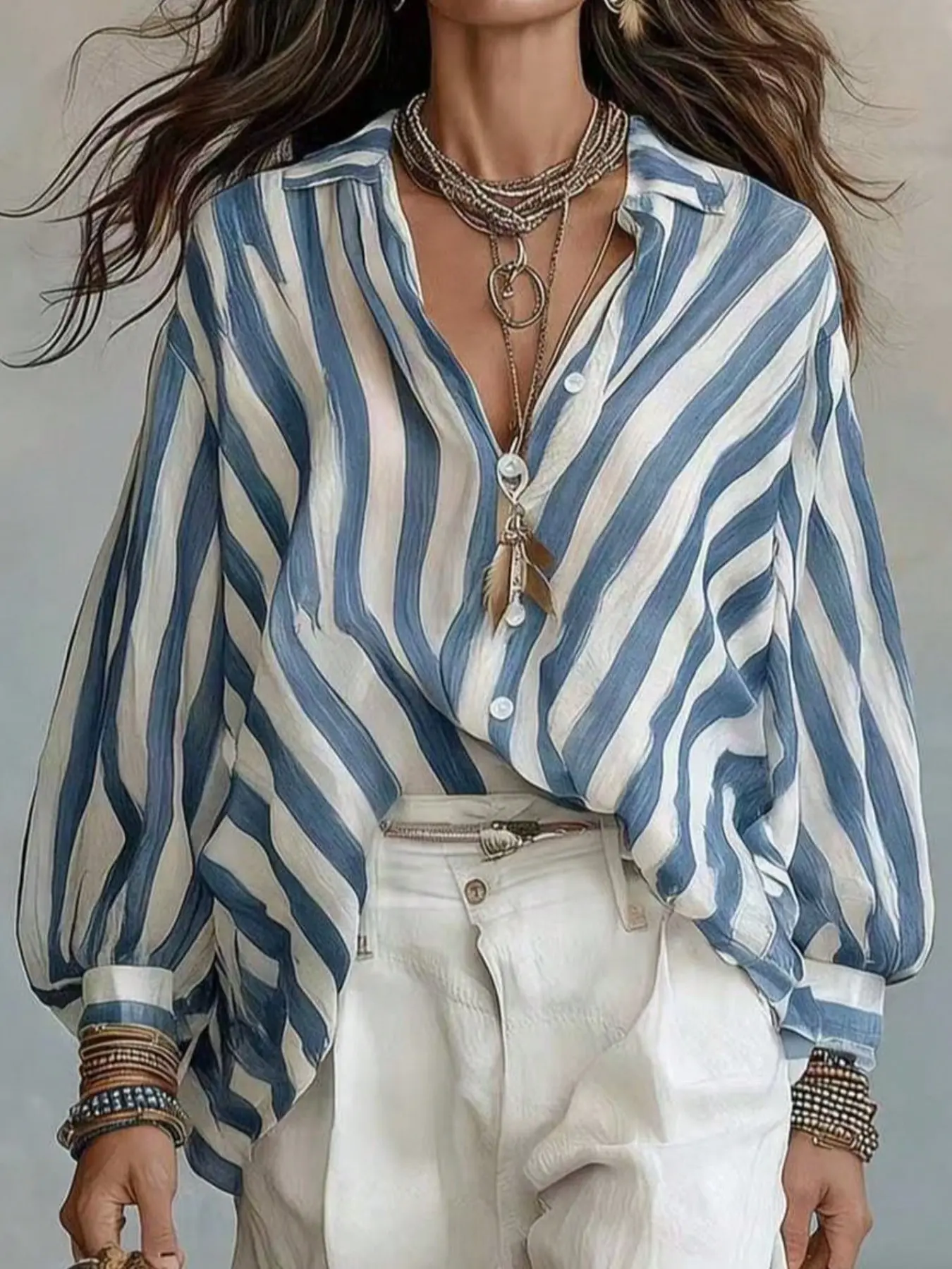 Women's Blue Striped Collared Bubble Sleeve Loose Baggy Shirt, Soft Knit Comfortable Blouse, Bohemian Casual Fashion for Spring Fall