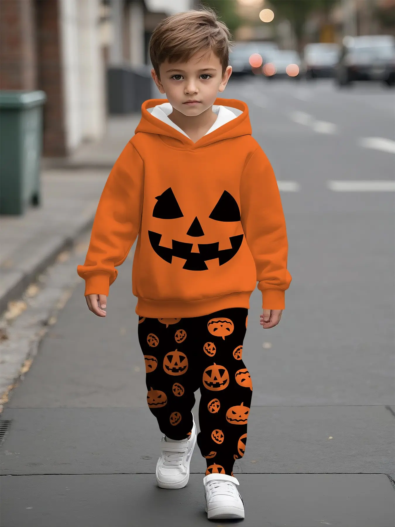 Halloween Kids Costume Set, Bright Ghost Face Pumpkin Hoodie & Pants, Casual Fitted All-Over Print Suit, Multi-Scene Wear