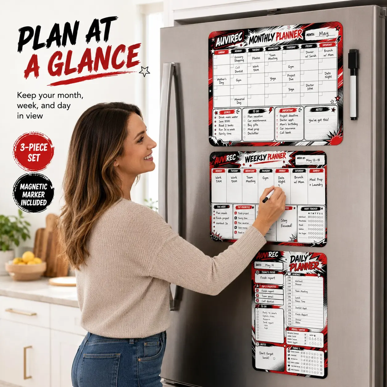 Auvirec 3-Piece Reusable Dry-Erase Calendar Set, Self-Adhesive Monthly Weekly Daily Planner, Includes Erasable Marker, Ideal for Home Office