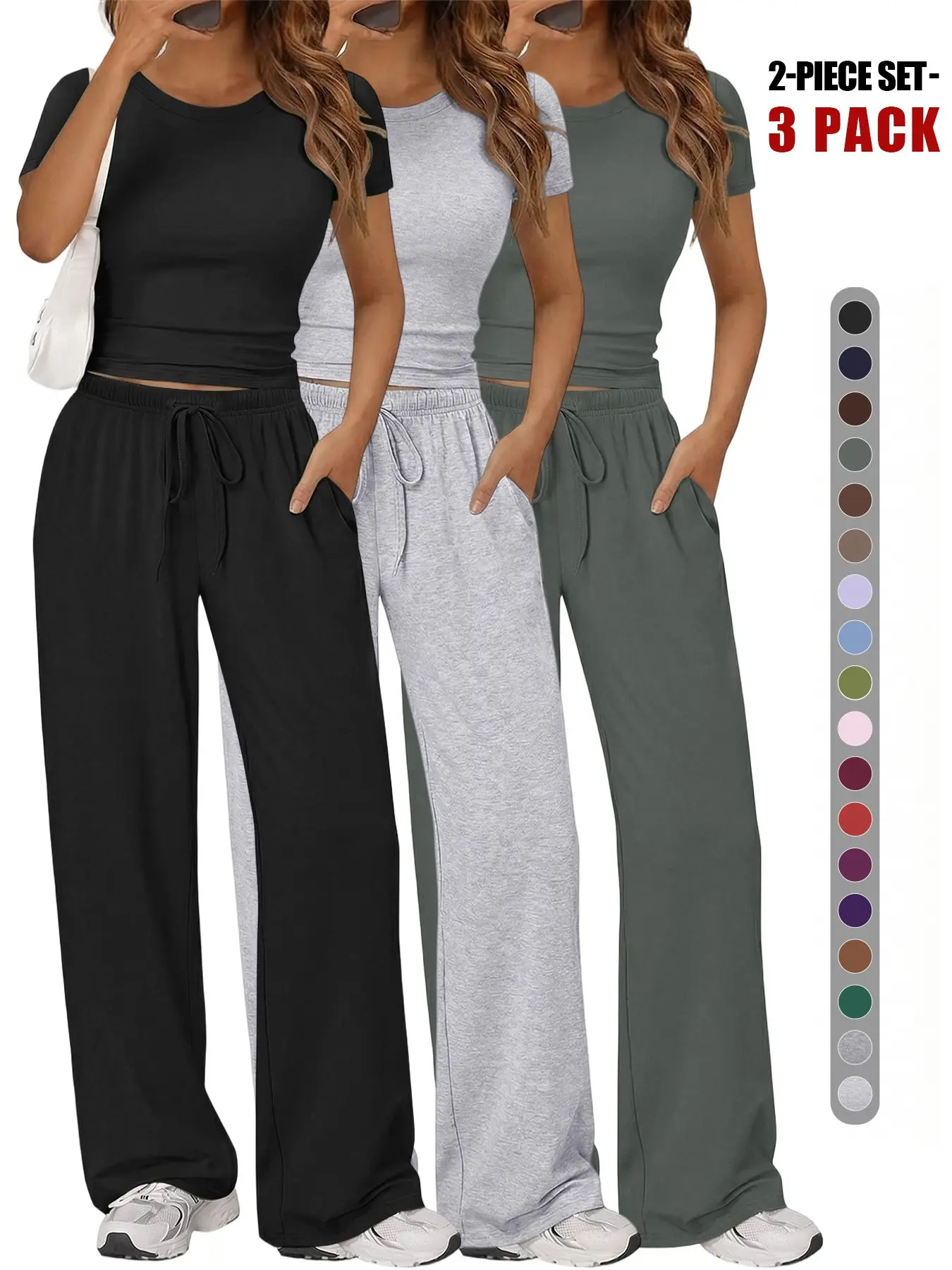 Trendy Summer Women Fashion Set | Solid Slim T-Shirt & Drawstring Wide Leg Pants | Cozy Lounge Suit for Game Night & Travel