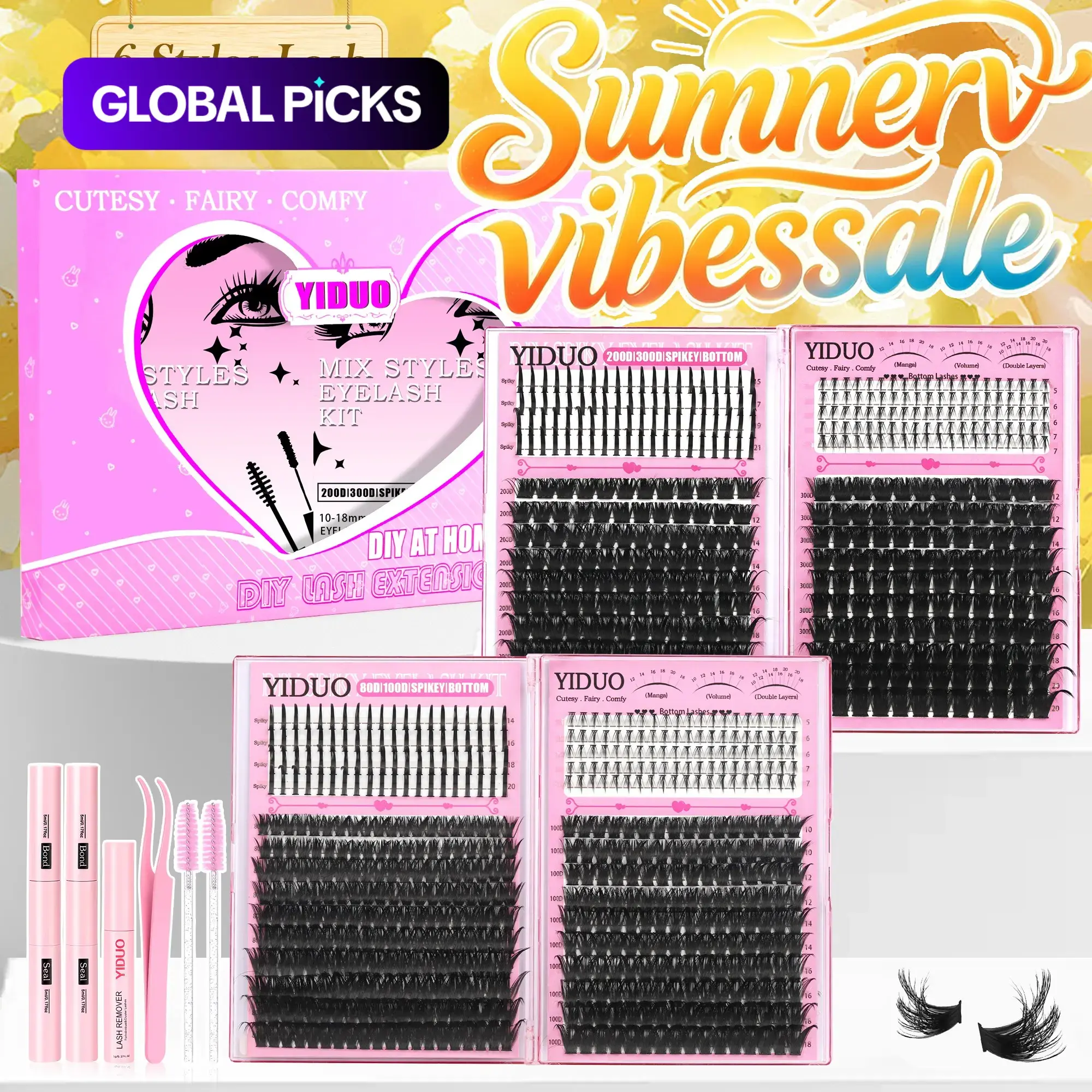YIDUO 2 Box Clusters Lash Book Kit with 2X Bond and Seal, Diy Lash Set, 980Pcs Lashes Cluster Extensions 200D+300D with Spikes & Bottom, D Curvature Mix Styles Individual Eyelash Extensions Kit with Remover, Tweezers Box for Beginners