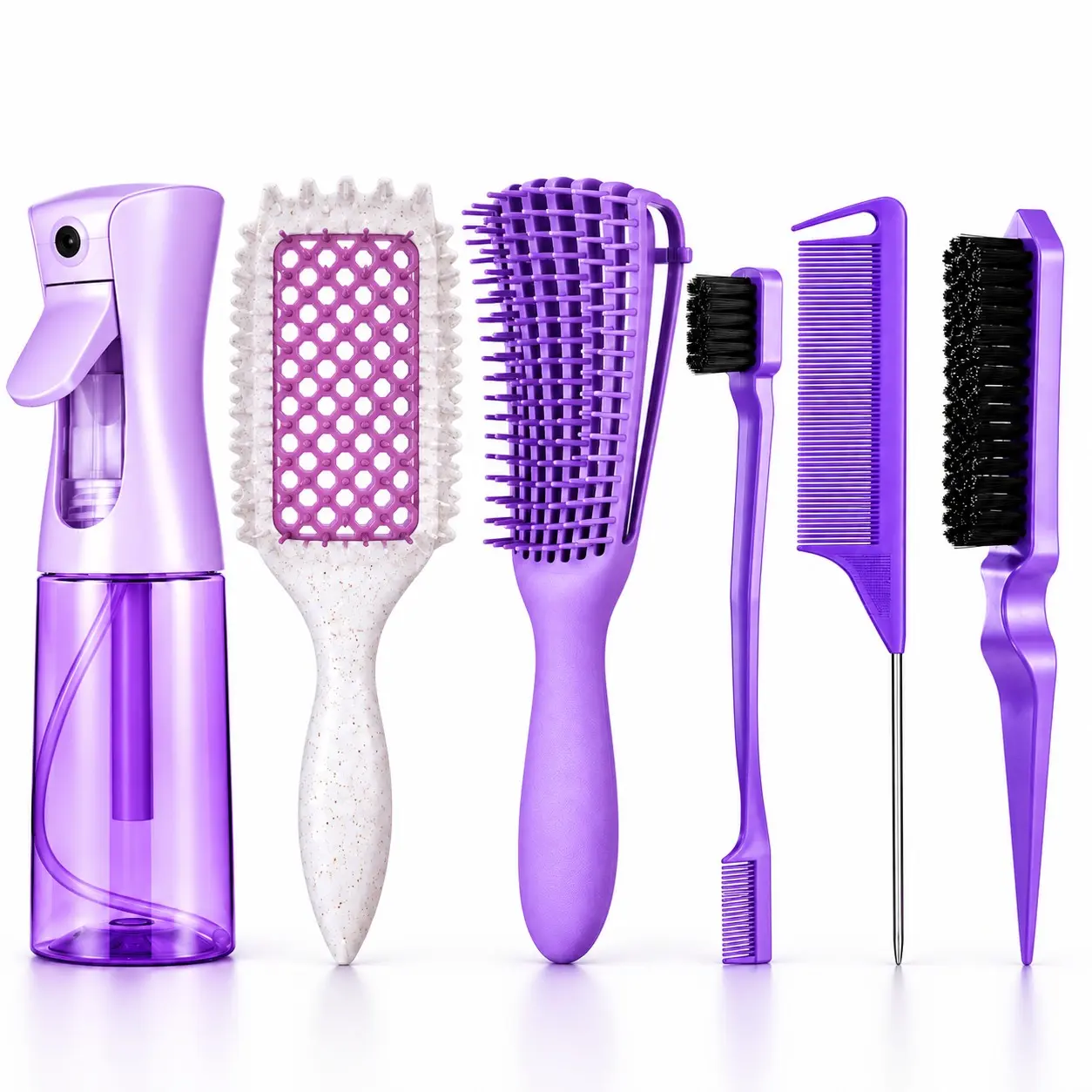 6PCS Detangling Brush Set, Hair Detangler Brush, with 8-Row Brush, Spray Bottle, Vented Paddle Brush, Edge Brush & Rat Tail Comb for Wet & Dry Hair, Less Pulling & Breakage, Smooth Edges, Clean Parts, Curly & Daily Hair Styling