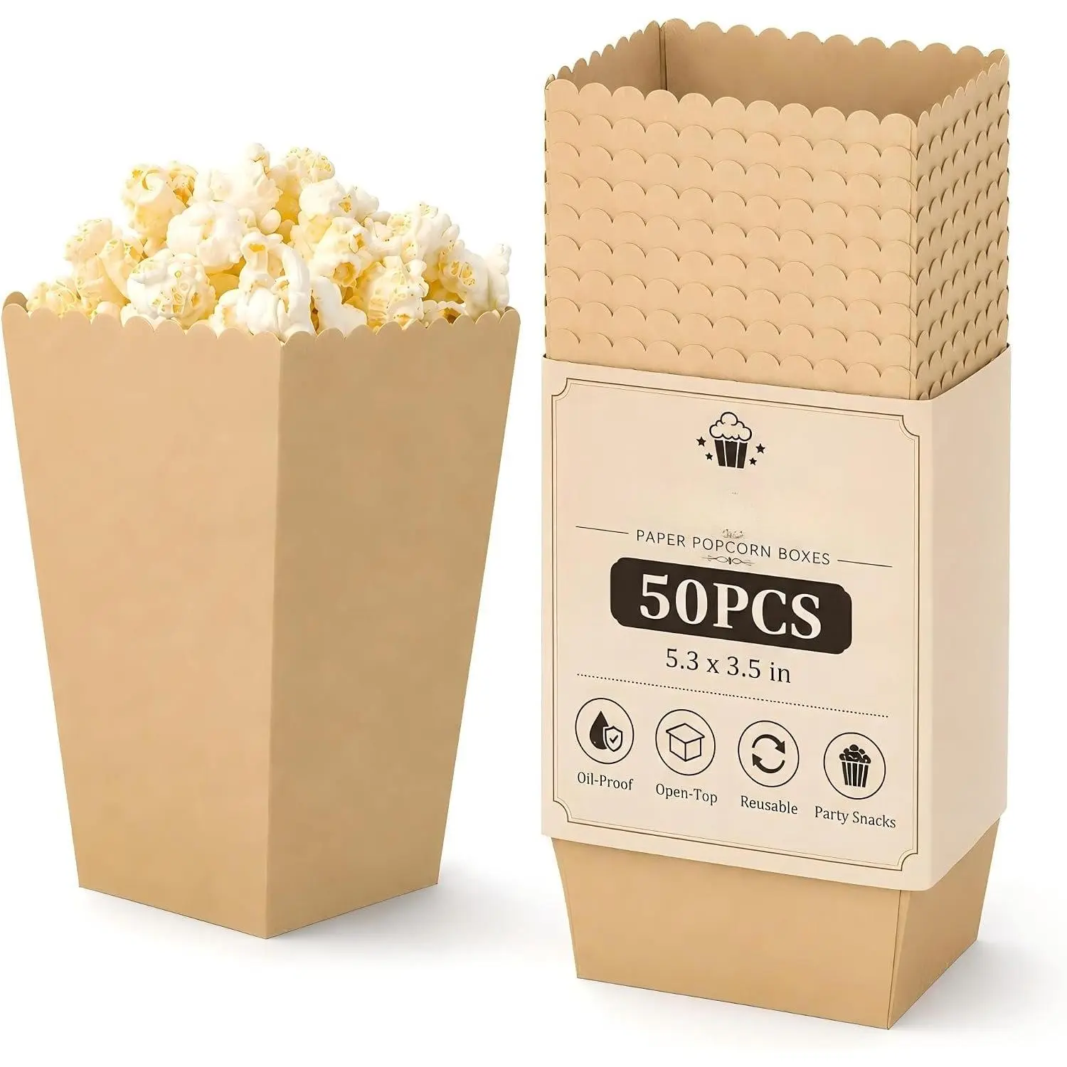 50 count Paper Popcorn Boxes, 5.3 X 3.5 Inch Popcorn Bucket Serving Snack Containers,  Oil-Proof Open-Top Bulk for Family Couples Movie Nights, Weddings, Birthday Parties,  Showers