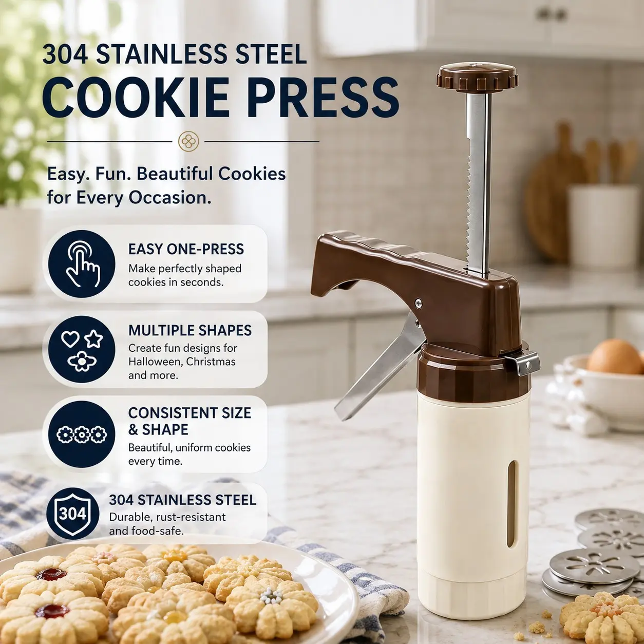 304 Stainless Steel Cookie Cutter & Piping Gun, Reusable Baking Tool, Easy One-Press Multi-Shaped Cookies, Perfect for Halloween & Christmas