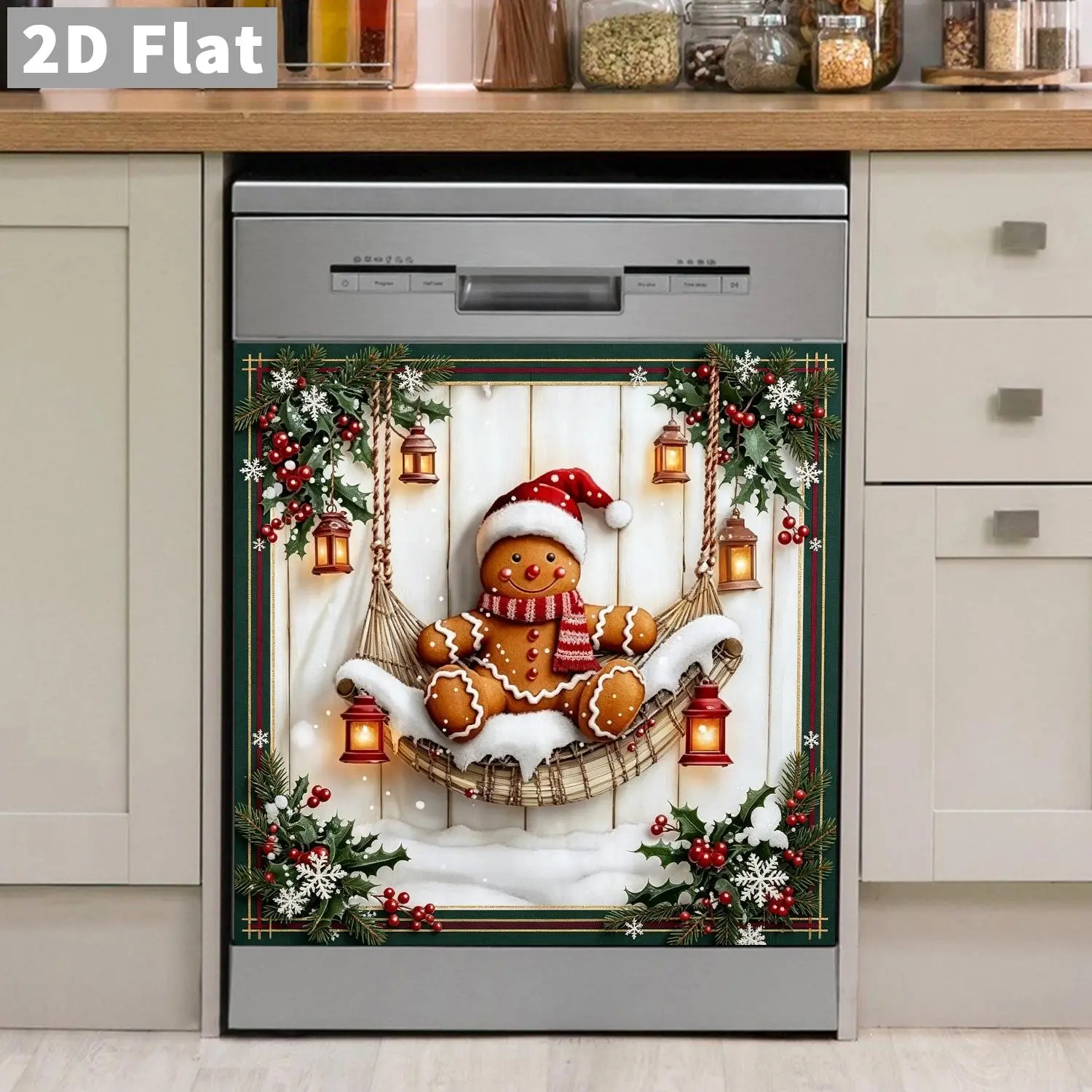 Christmas Gingerbread Man Magnetic Door Hanger Sticker, Reusable Vinyl Art Print, Dishwasher Safe, Kitchen Decor, 58.5cm*65cm