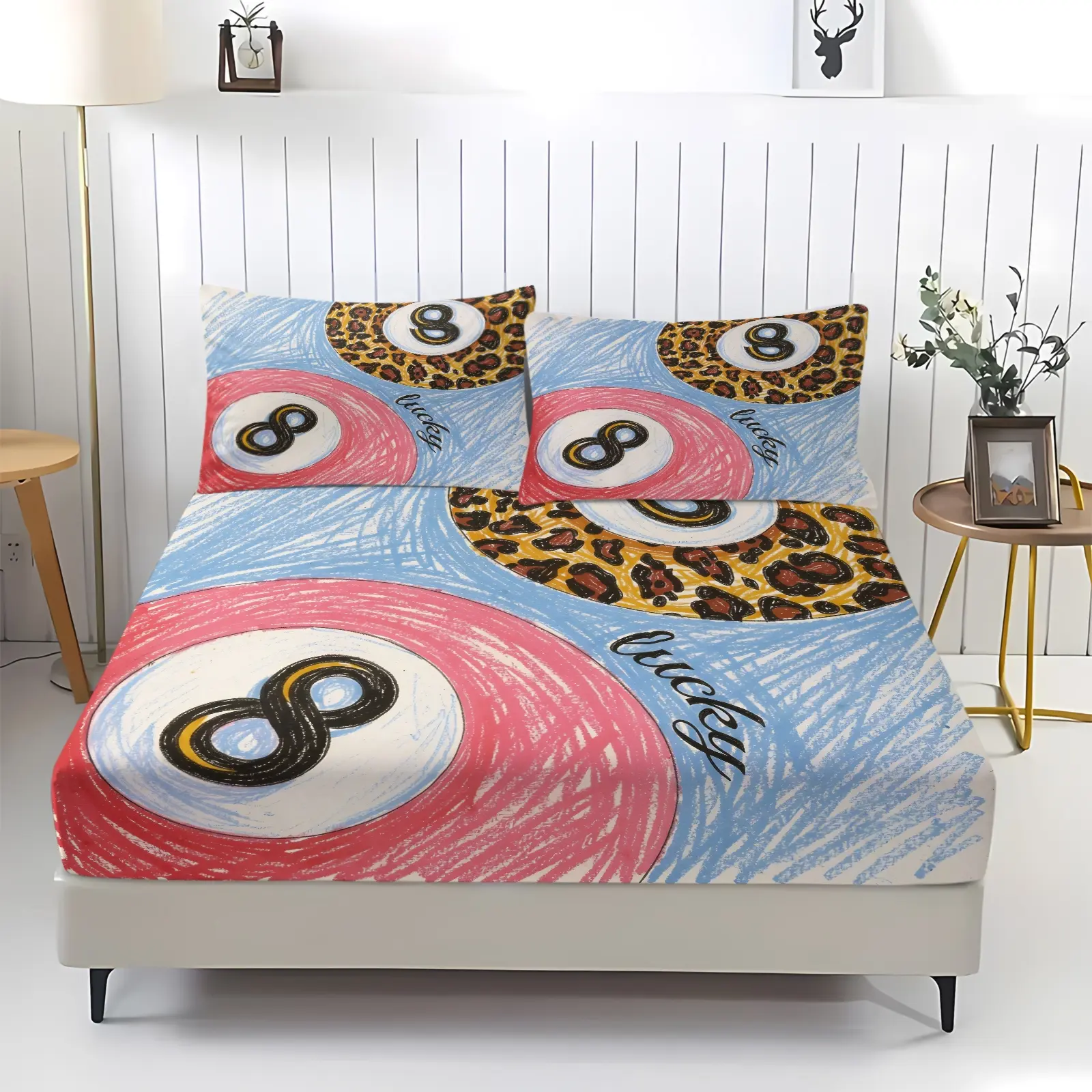 Macaron Pink Blue Pencil Sketch Lucky 8 Billiard Fitted Sheet Set, Includes 2 Pillowcases, Y2K Hot Girly Bedding, Elastic Non-slip Design, Soft Breathable Machine Washable Fabric, For Y2K Girls Bedroom, Aesthetic Apartment, Sweet Cool Decor