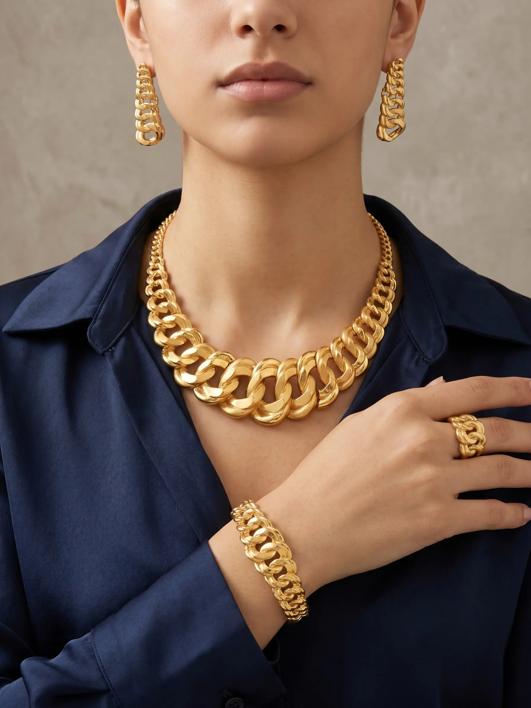 4-Piece Chunky Matching Jewelry Set for Women, Elegant Cuban Chain Design, Dubai Luxury Style, Perfect for Weddings and Parties