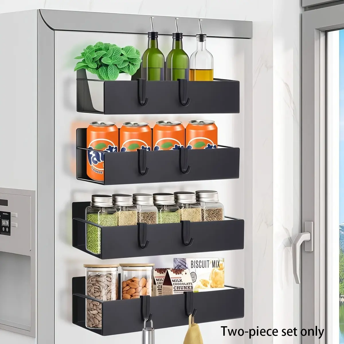 2 Magnetic Refrigerator Shelves, Strong Magnet Storage Rack, No Drilling Kitchen Spice Utensil Organizer, Thick Plastic Material