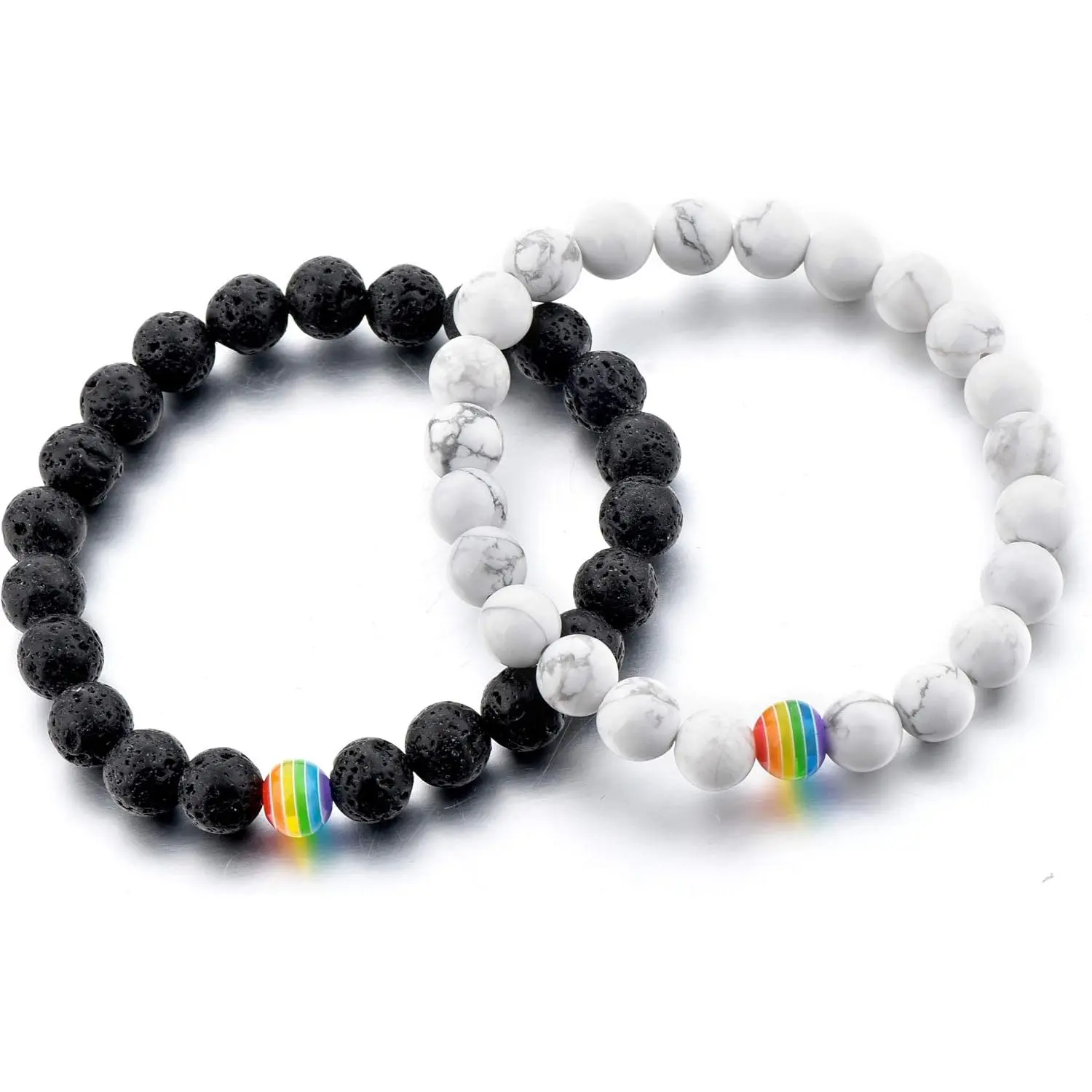 LGBT Relationship Bracelet | 2 count | White Howlite, Black Matte , Rainbow  | Oil Diffuser Beads | Gay Couples  Cord |  | Love is Colorful