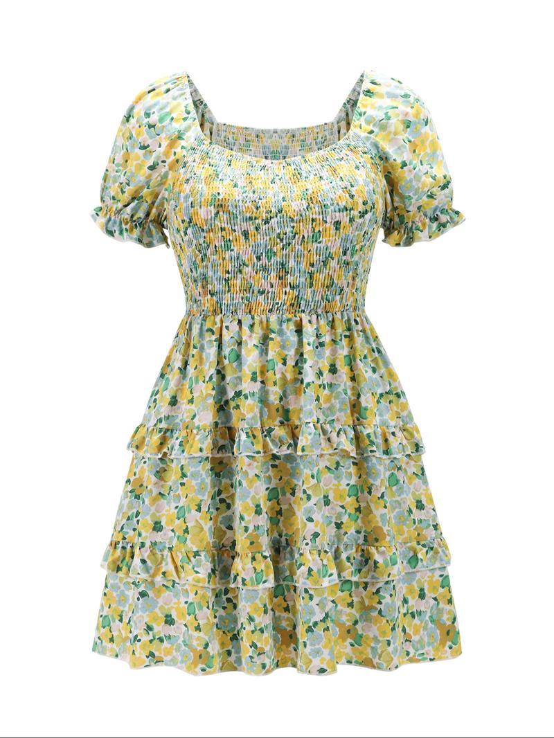 【Plus Size】 Floral Print Frill Trim A Line Dress, Boho Puff Sleeve Shirred Dress for Beach Holiday Vacation, Women's Clothes for Summer