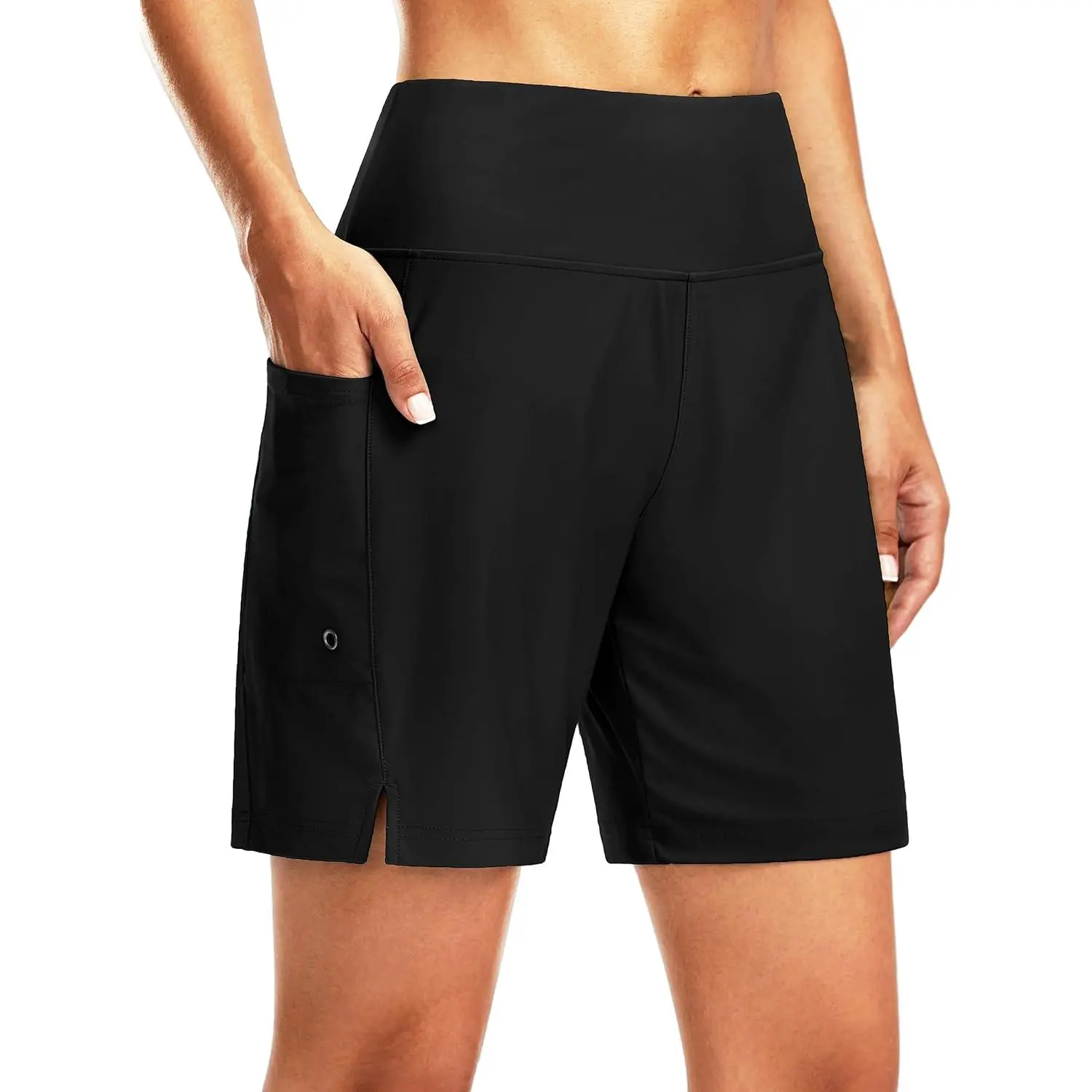 Women's 7" High Rise Board Shorts, Solid Quick-Dry Beach Swim Shorts with Built-in Liner and Pockets, 7" Long, Swimming Shorts