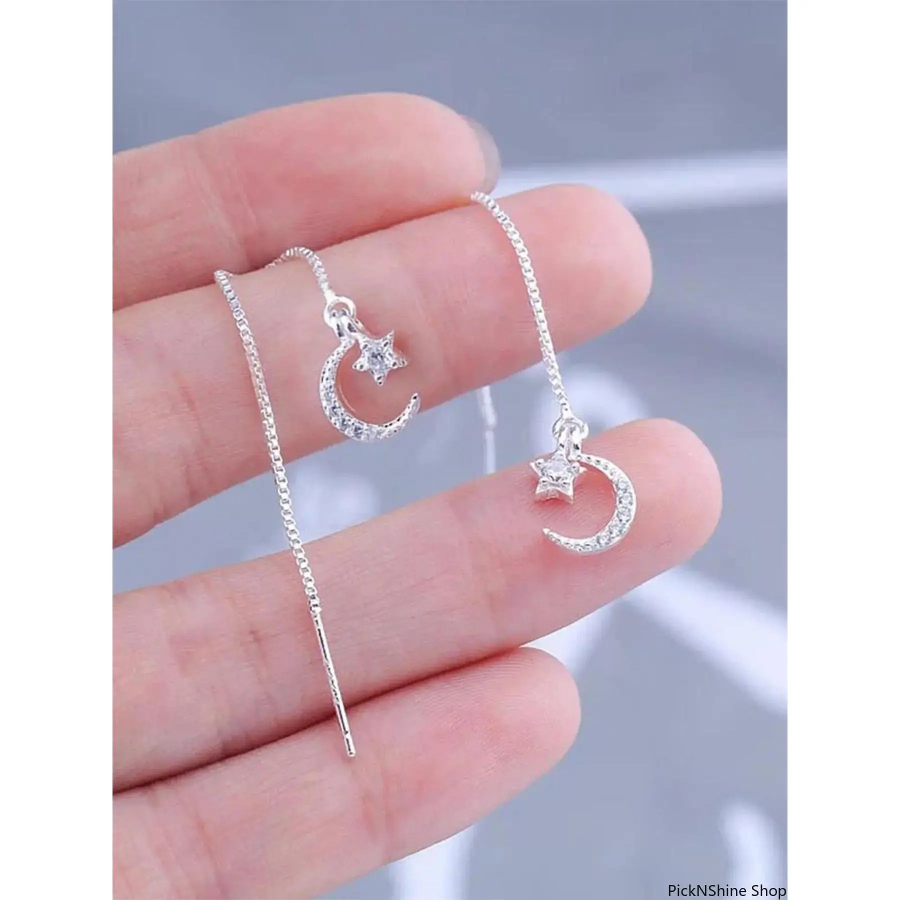 Star & Moon Earrings for Women, Korean Style Minimalist Long Chain Threader Dangle with Rhinestones