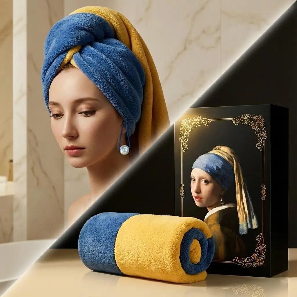 Girl with a Pearl Earring Art Print Hair Drying Turban Gift Box, 95CM Extra Long Heavyweight Super Absorbent Microfiber Hair Wrap Cap, Luxury Gift for Women Special Occasions