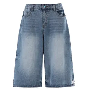 Retro Horizontal Water Streak Gradient Wash Unisex Denim Bermuda Culottes Hem Mini Cloth Label Craft Standard Belt Loop Waist Straight Cut Daily Vintage Skate Style Capri Pants # jean shorts men # men's shorts summer