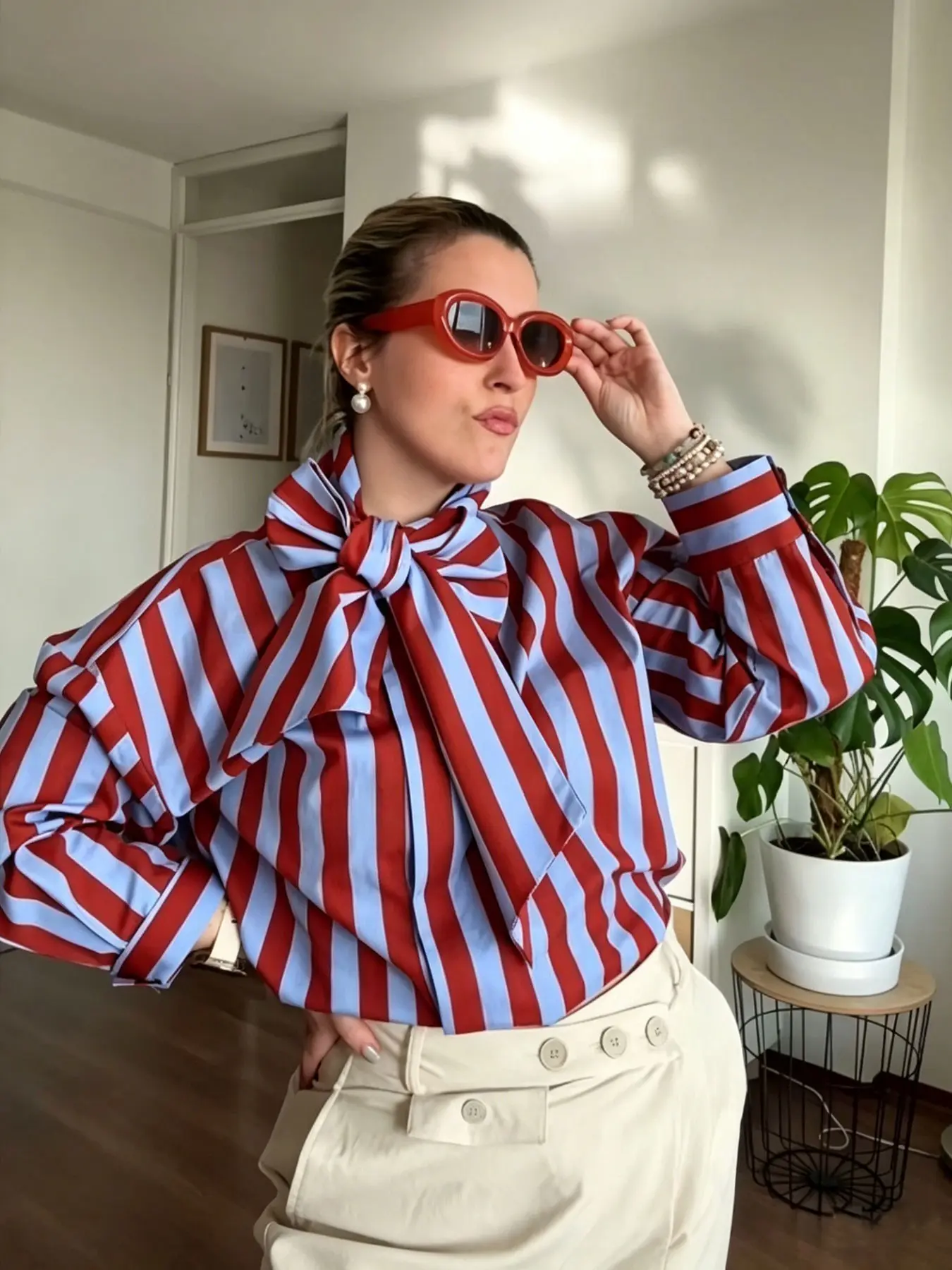 Women's Striped Shirt Rust Red & Light Blue Vertical Striped Bow Tie Blouse Spring Summer Self-Tie Neck Bow Detail Long Sleeve with Buttoned Cuffs Oversized Casual Fashion Top Daily Wear Street Style Blouses