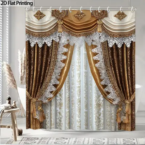 1 Pack, 70x70 inch vintage European royal printed shower curtain, luxurious gold-brown printed satin lace tassel damask floral pattern bathroom curtain, elegant classic Baroque waterproof fabric bathroom decoration, Decorative Shower Curtain