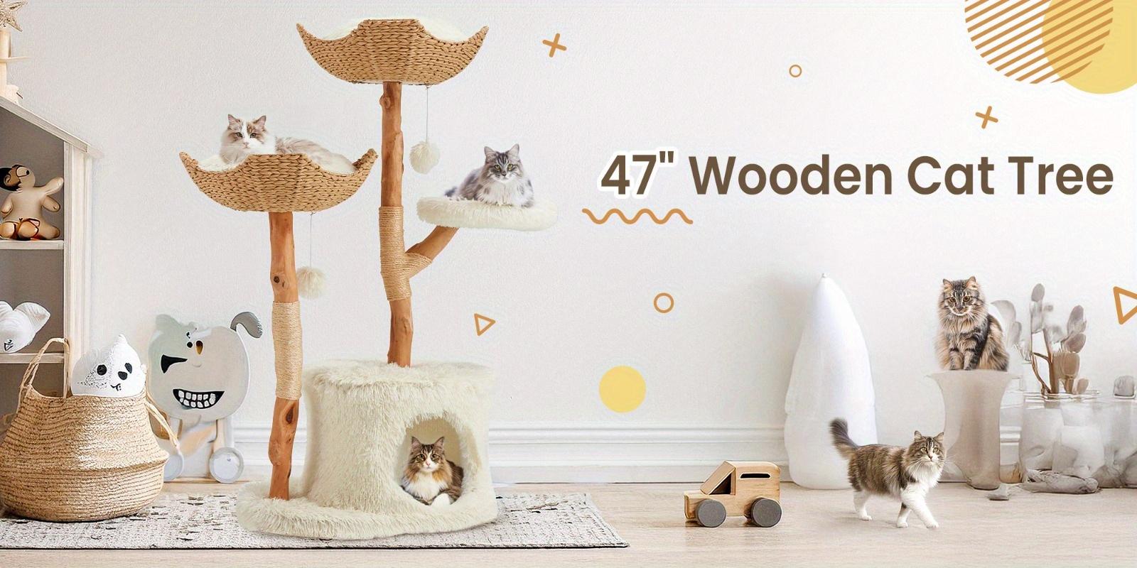Natural Wood Tall Cat Tower - White Multi-level Design with Hand-woven Baskets & Cat Condo, Perfect for Indoor Cats