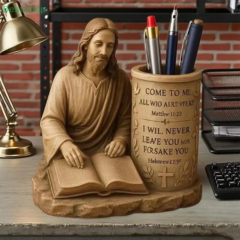 Cross Motif Desk Pencil Holder with "Run to Jesus" Bible Verse, 3.5 in Christian Desk Accessory, Religious Faith Gift for Men Women (Bag Charm Accessory)