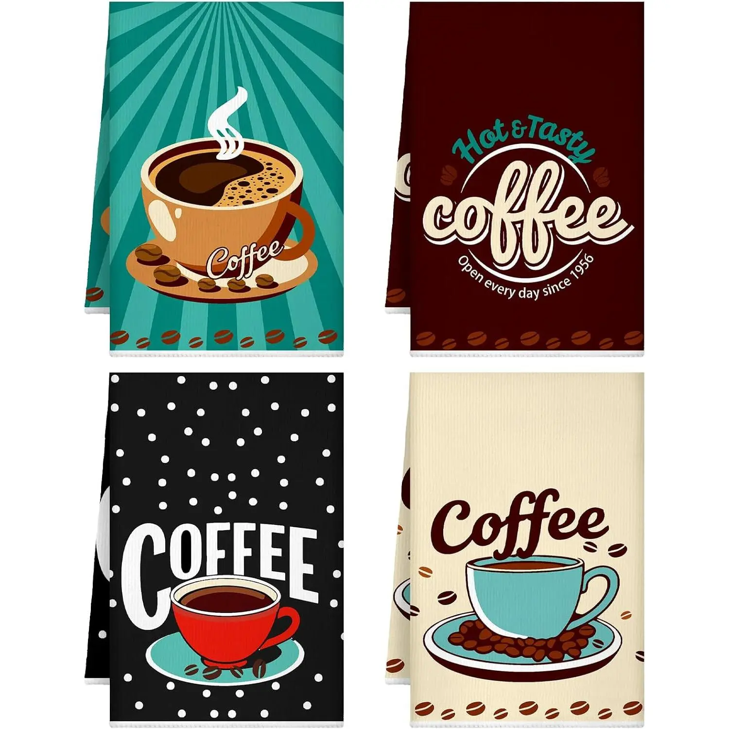 Bencailor 4-Pack Absorbent Cleaning Kitchen Towels, Retro Coffee Cup Design Hand Towels - Fast Drying Dishcloths for Kitchen Use, Housewarming Gift for Coffee Bar Decor