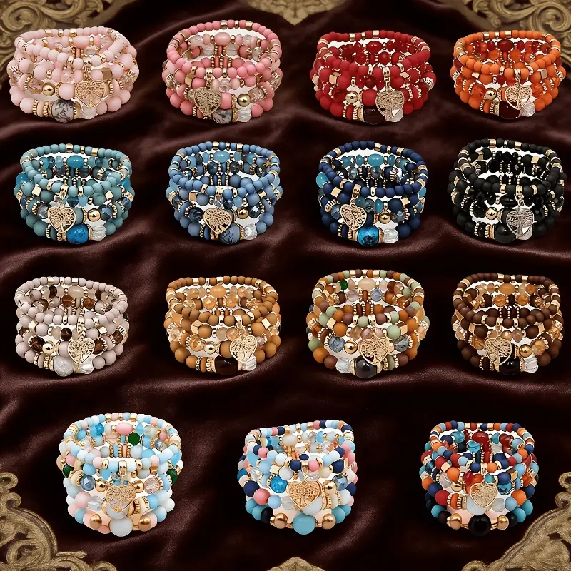 Bohemian-Style Multi-Layer Stackable Bead Bracelet Set (8-24Pcs) for Men, Handmade Colorful Elastic Beads with Heart-Shaped Pendant, Summer Beach Jewelry, Valentine’s Gift
