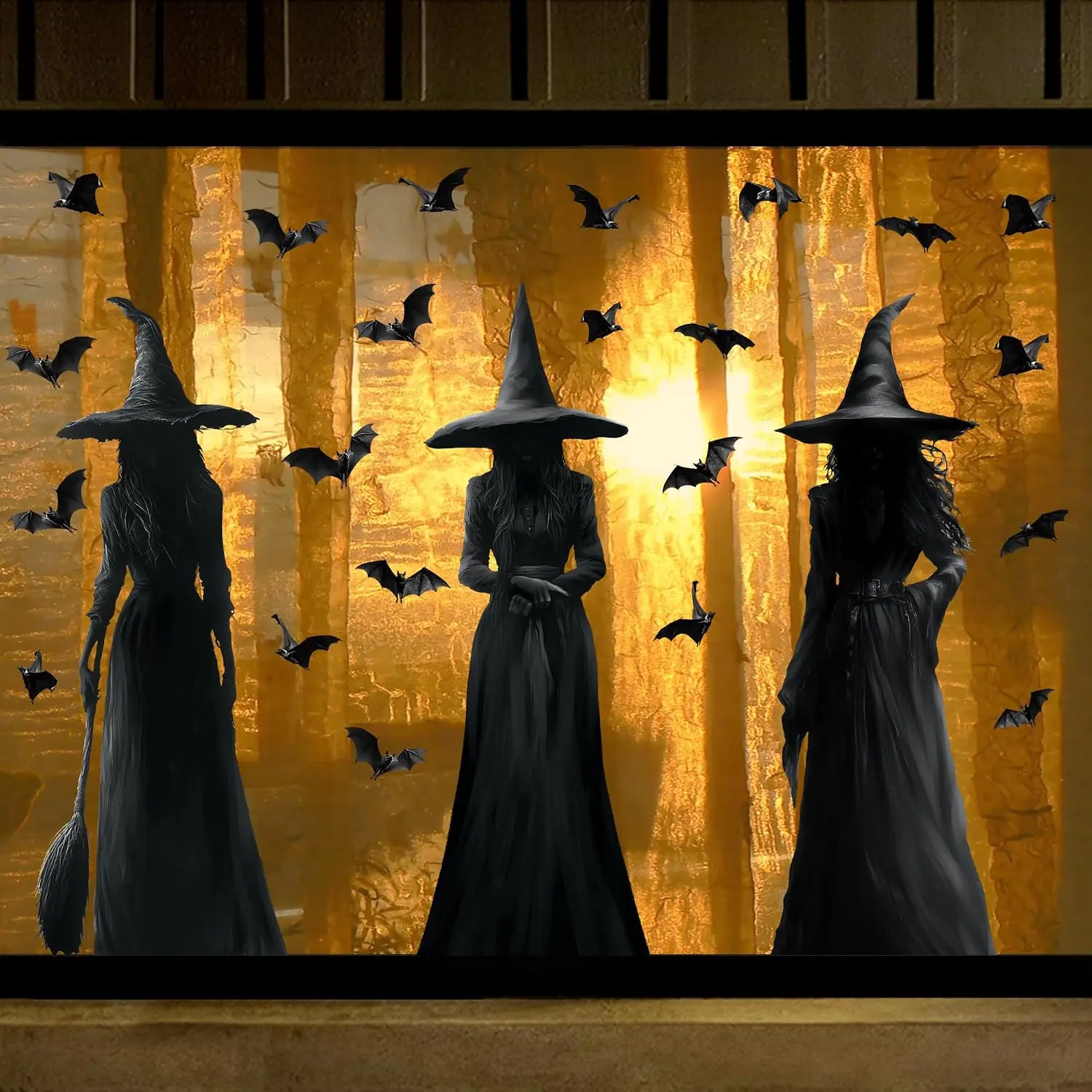 Halloween Decorations Window Clings Decor: 3pcs Large Realist Dark Witch Bats Silhouette Halloween Decals Cling Indoor, Scary Creepy Style School Home Office Party Supplies for Glass Windows