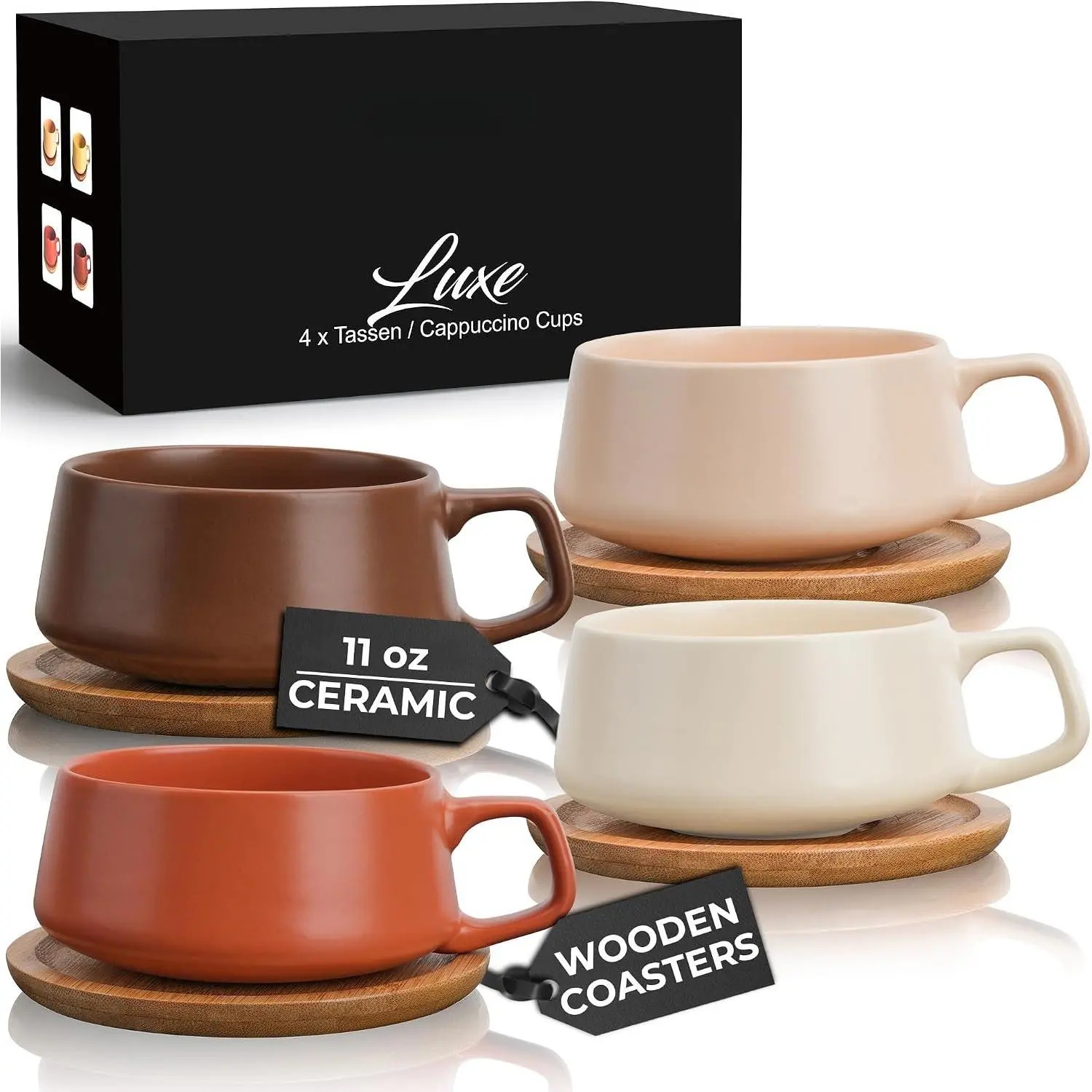 - Cappuccino Cup Set of 4 (11 oz) - Luxe Collection (Beige Pastel) | Ceramic  cups with  saucers, wide cappuccino cups and coffee cups for latte, espresso and