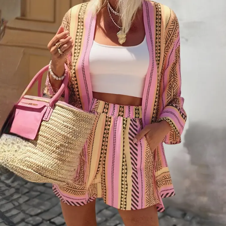 European and American Spring/Summer New Style Random Print Random Cut Double Pocket Vacation Style Long Sleeve Cardigan + Shorts Elegant Casual Women's Set