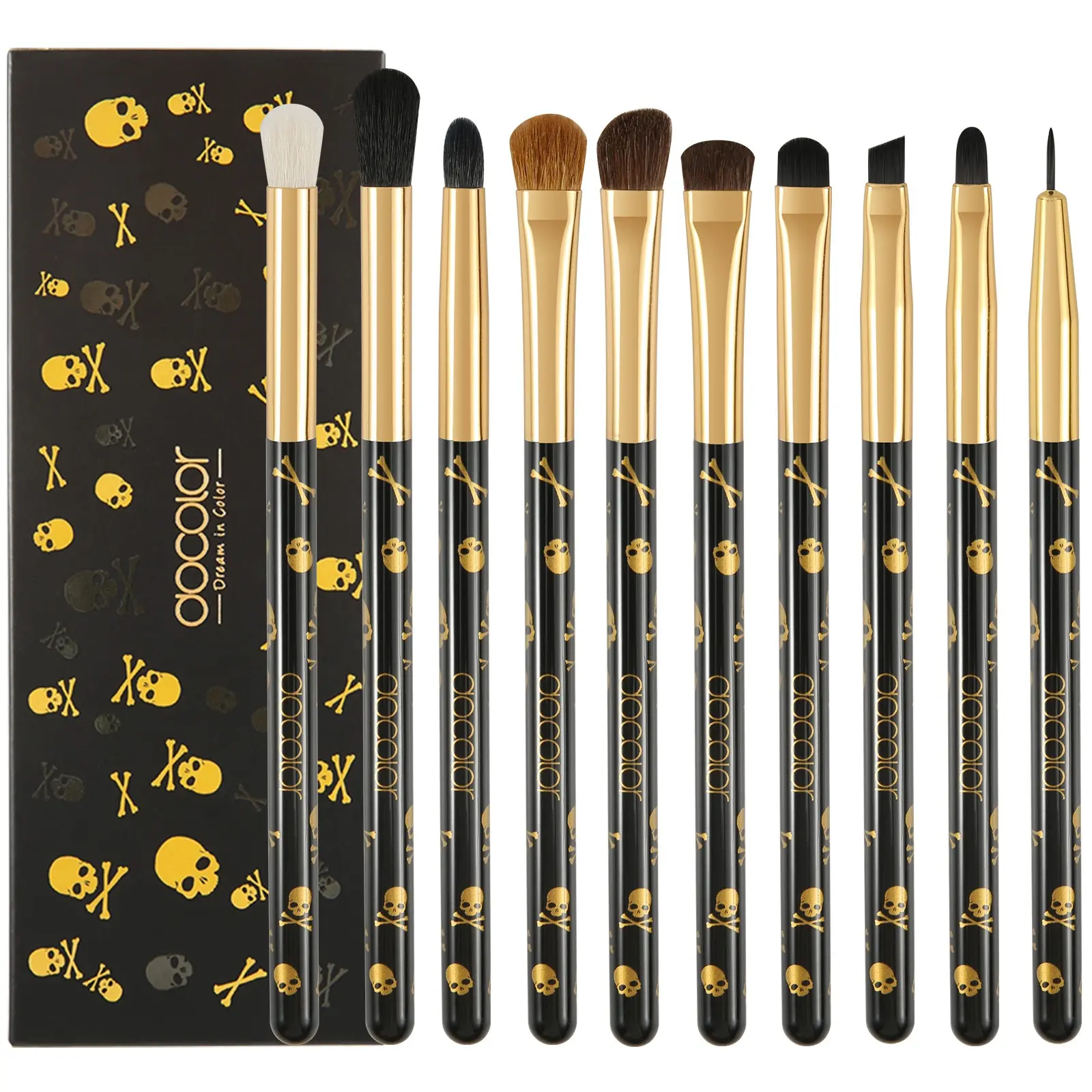 10Pcs Skull Eye Shadow Brush Set - Goth Kawaii Crease Blender Smudger Flat Shader Tools with Soft Bristles for All Eye Makeup Looks