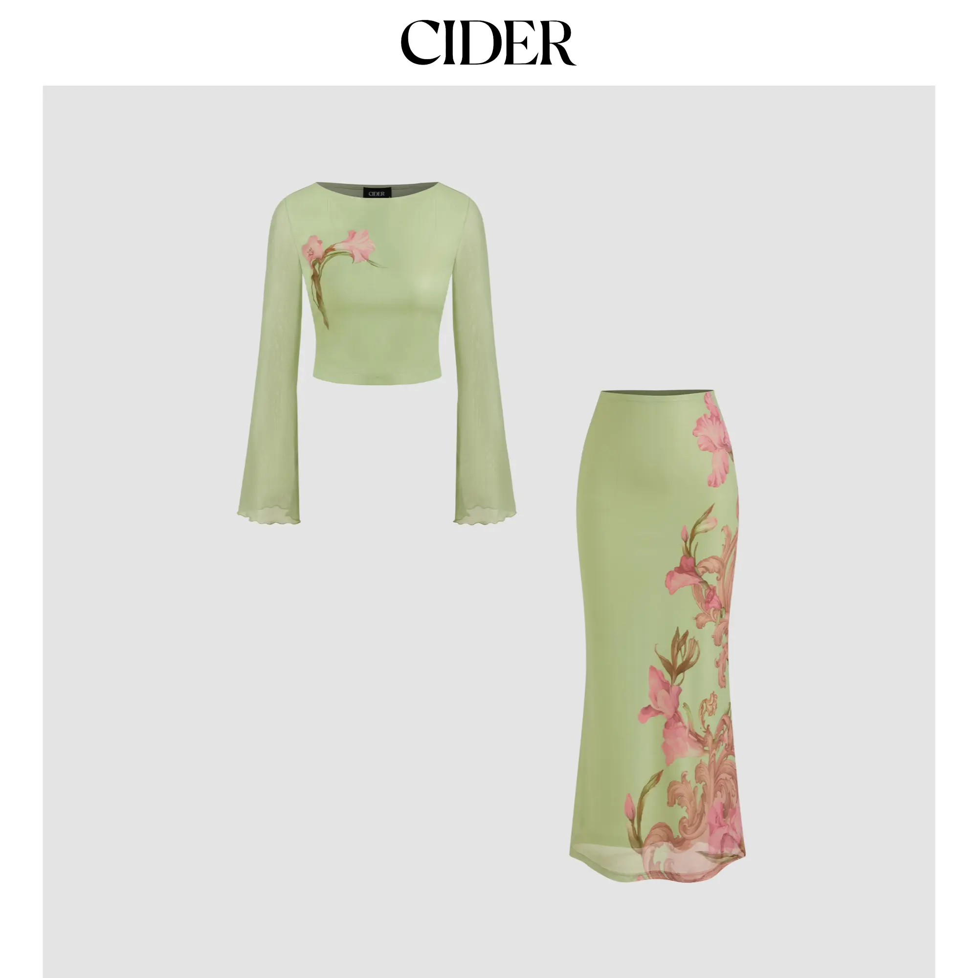 Cider Mesh Floral Lettuce Trim Crop Top & Mid Rise Ruffle Maxi Skirt Set