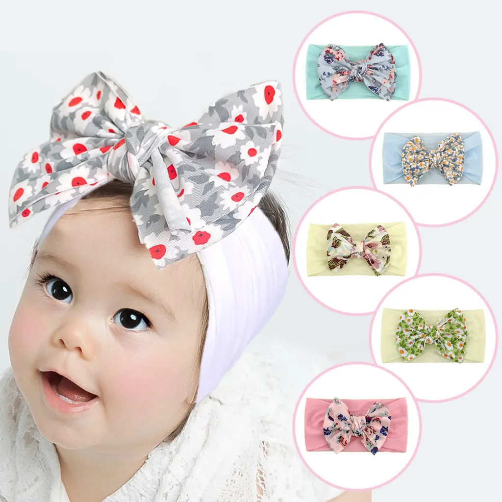 Girls' Cute Floral Nylon Elastic Headbands with Big Bows - Soft Wide Turban Headwraps for Toddlers, Prop 65 Safe Outdoor Sports Gifts for Easter-Birthday, One Size Hair Accessory