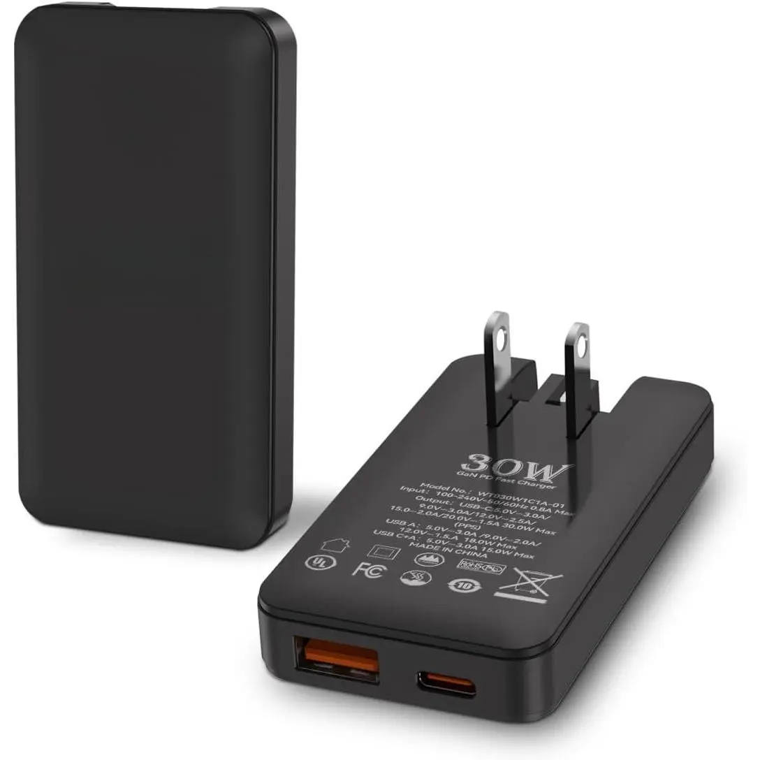 30W Flat USB C Charger, -Port GaN Wall Adapter, Foldable Plug for  16/15, Galaxy S25/S24, Black