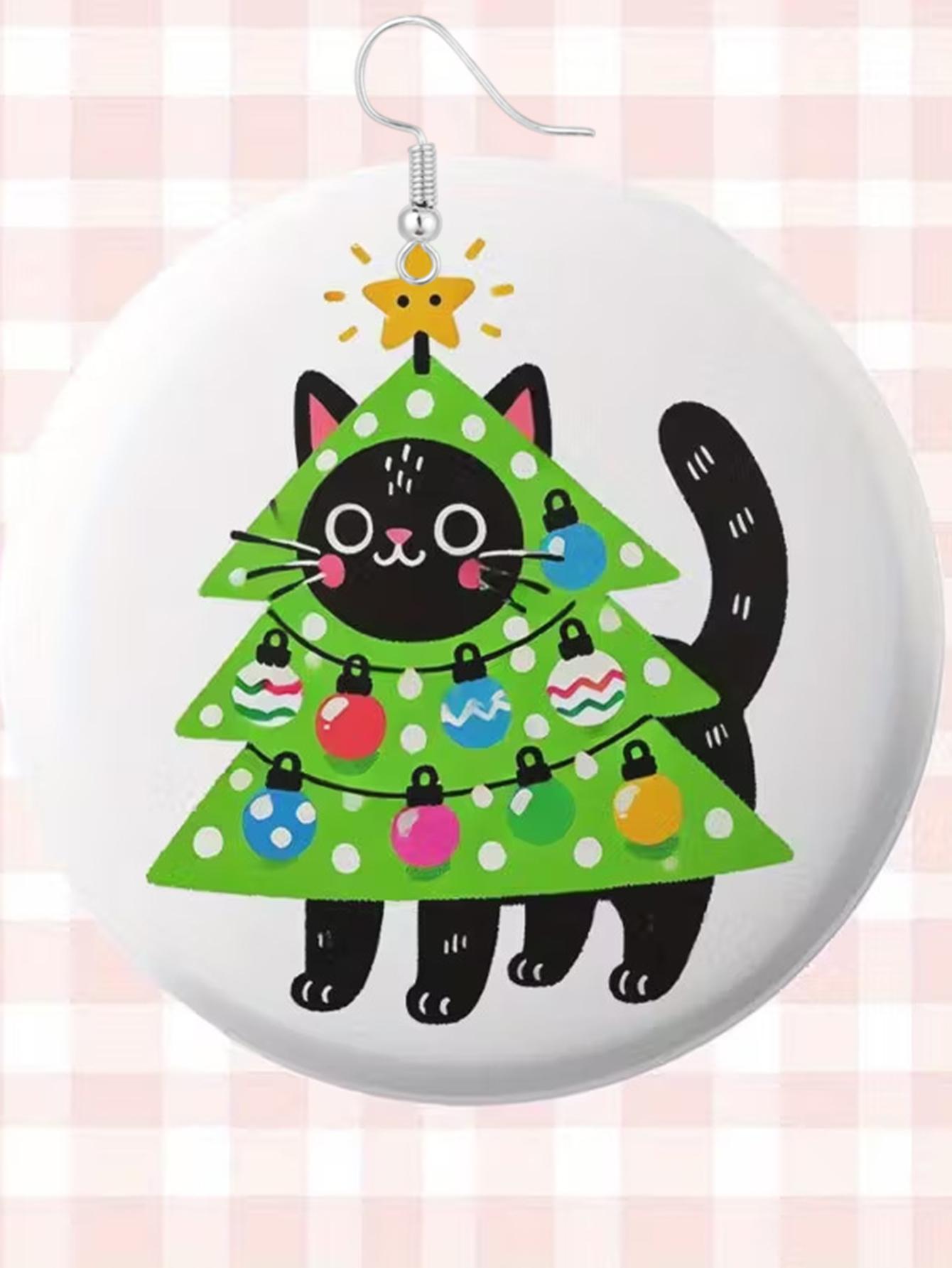 Black Cat Fun and Cute Christmas Earrings - Personalized Acrylic Earrings, Christmas Tree, Black Cat, Gingerbread Man Design Pen
